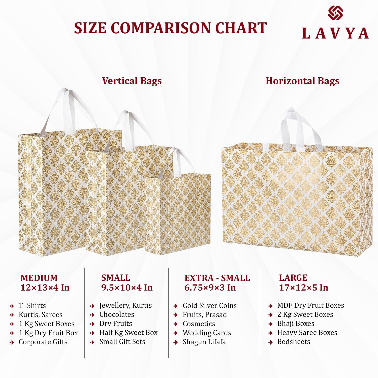 Lavya Festive Special Reusable Non-Woven Laminated Gift Bags, Wedding Gifts, Shagun, Saree, Mithai, Jewellery, Traditional Gifting Carry Bag (Large - 17x12x5, White, Pack of 10) 1