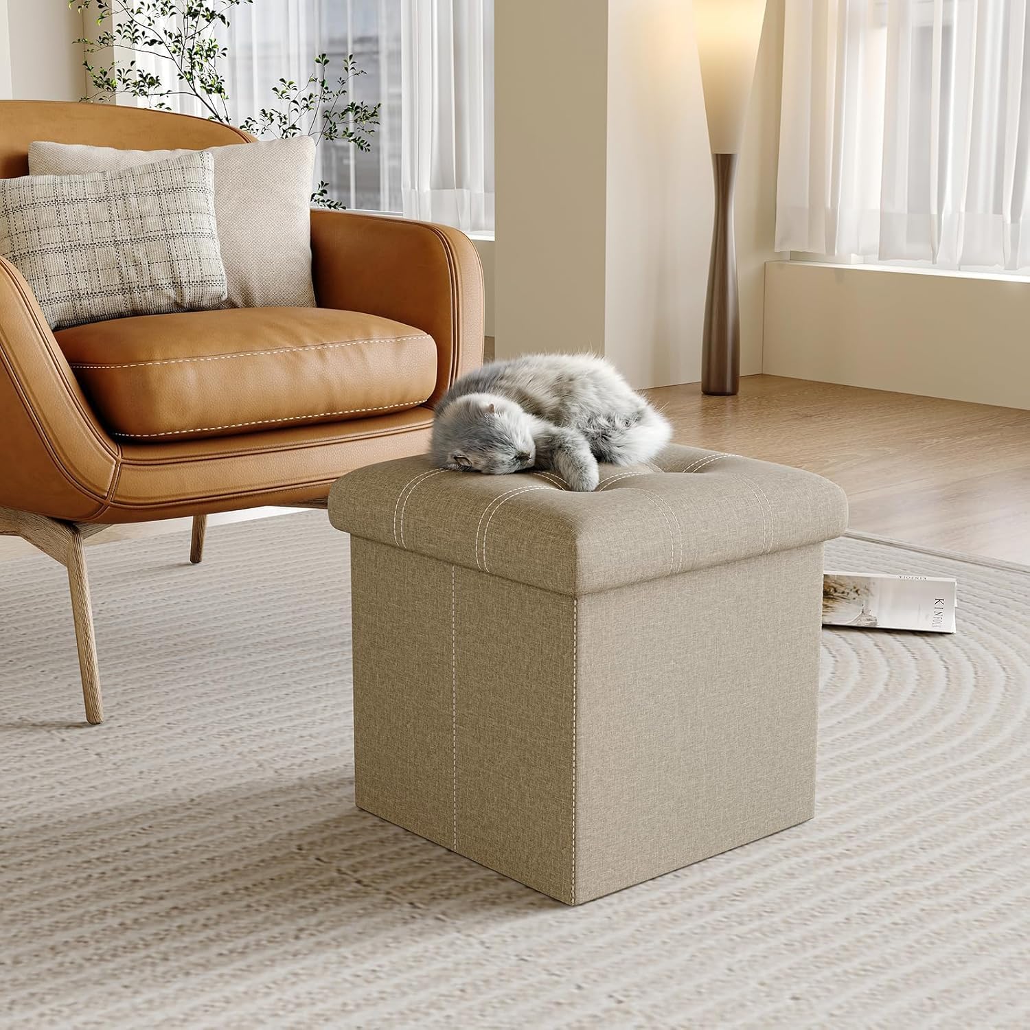 youdenova 15 inches storage ottoman cube, foldable storage boxes, padded seat for dorm living room, support 300lbs, line fabric beige 15"d x 15"w x 15"h beige