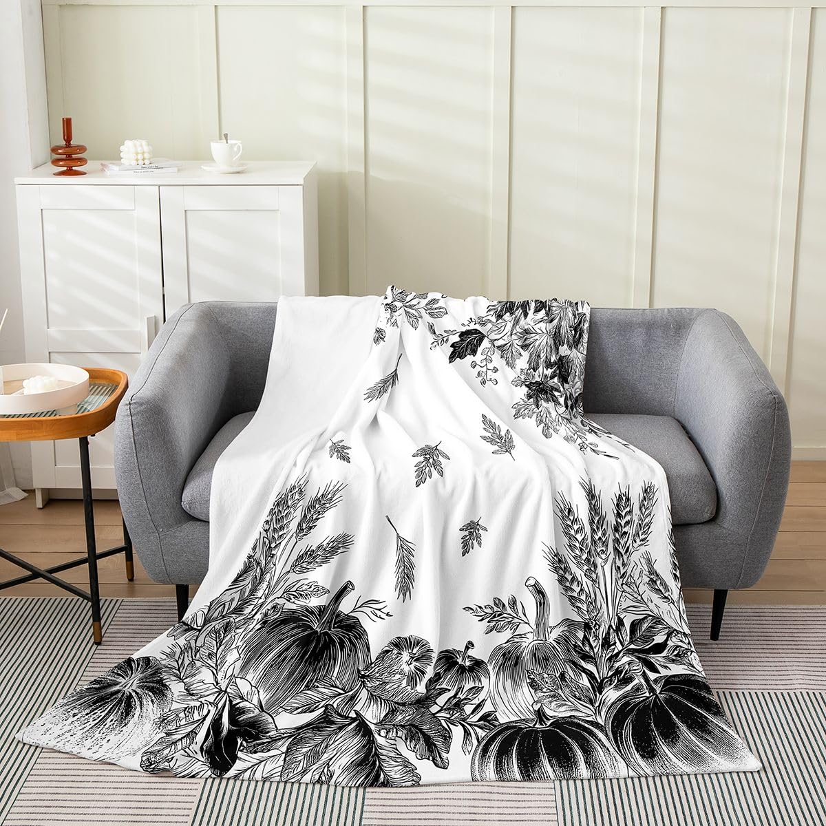 jejeloiu Fall Pumpkin Fleece Throw Blanket Rustic Flannel Blanket Plush Fuzzy Farmhouse Autumn Maple Leaves for Bed Couch Chair Living Room Vintage Country Queen 90"x90" White Bedroom Decor