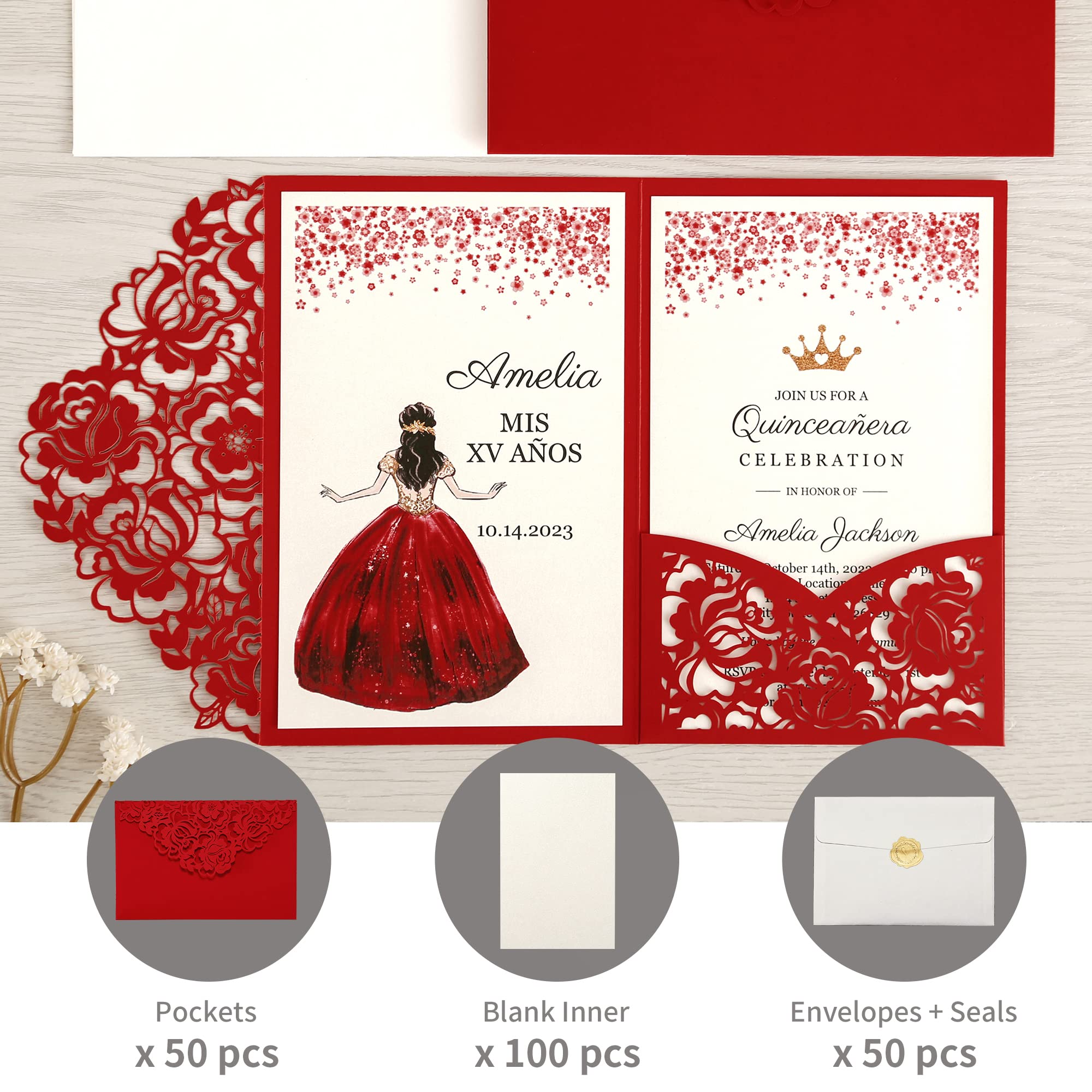 Dorishome Quinceanera Einladungskarten-Set – Weiße Lasergeschnittene Hohlrosen-Einladungen Mit Umschlägen (50 Stück, 11,9 X 17,8 Cm)