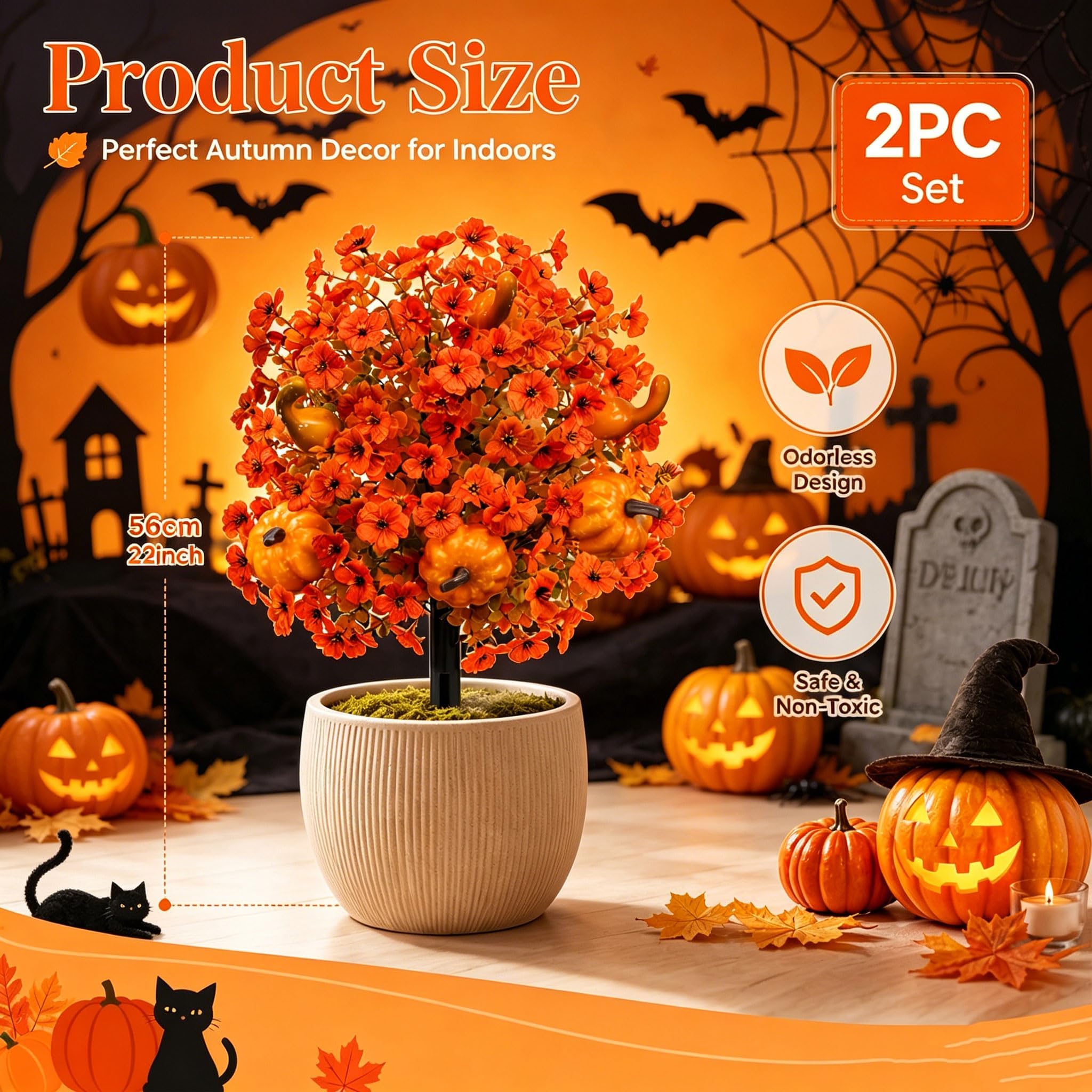 Dekoracja na Halloween, 2 sztuki, sztuczne kwiaty na zewnątrz, sztuczne rośliny do ogrodu, dynie i gałki oczne, do trawników, nawiedzonych domów, dekoracje świąteczne