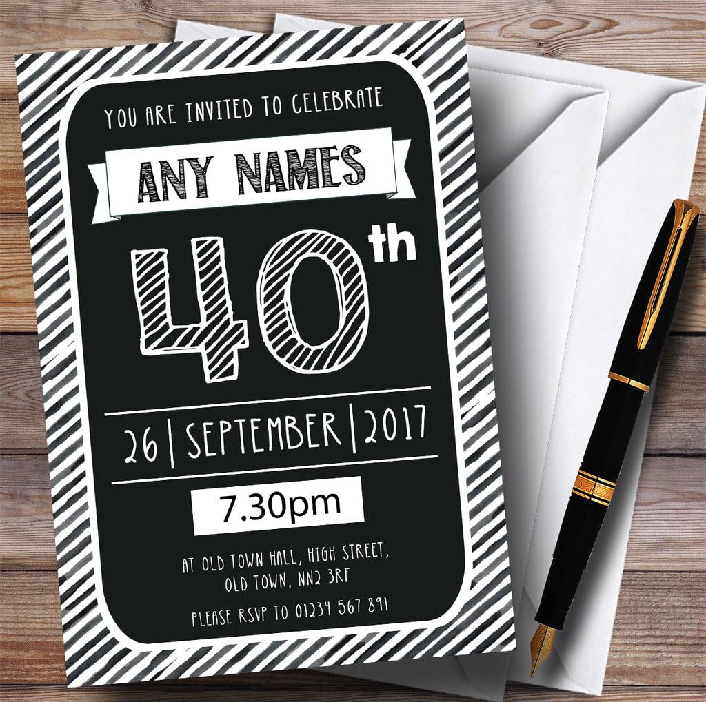 Black & White Stripy Deco 40th Personalized Birthday Party Invitations