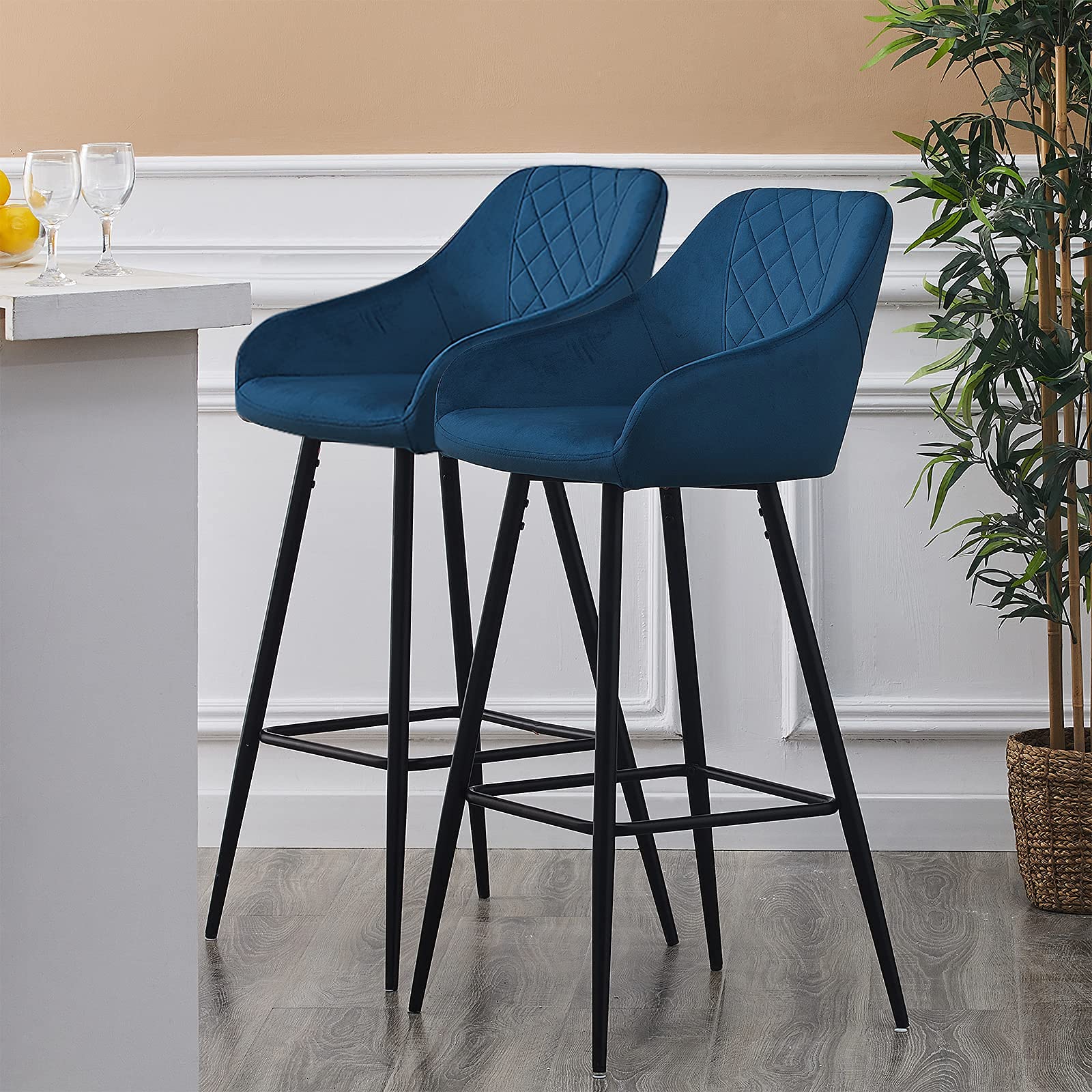Buy CLIPOP Bar Stools Set of 2 Blue Velvet Upholstered Seat with