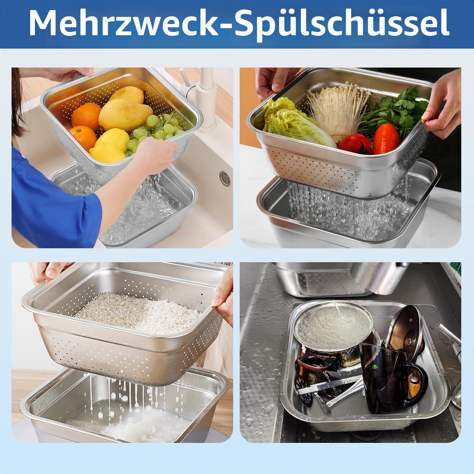 Spülschüssel und Siebschüssel Quadratisches Sieb Edelstahl Küchenkorb mit gleichmäßigen Abflusslöchern Waschbecken Rührschüssel-Set für Obst Gemüse Küche, 34 cm, 2 Stück