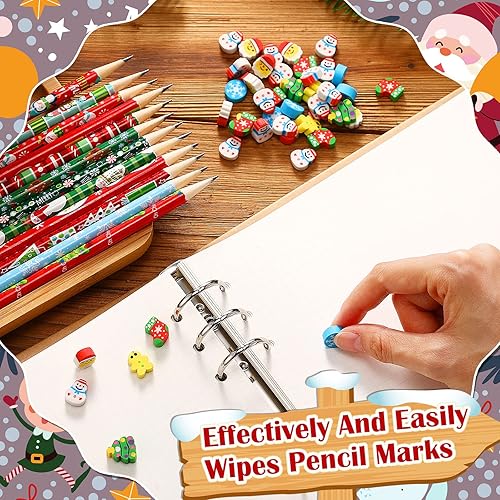 Miniatura 7 de Juego de 72 lápices de Navidad, mini borradores de lápices, recuerdos de fiesta de Navidad para niños, pequeños borradores de pan de jengibre,