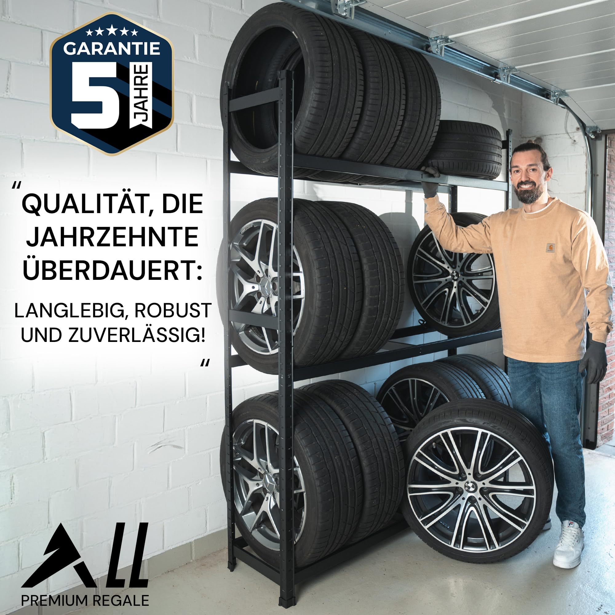 ALL Premium Reifenregal 8 Reifen 100x110x40cm schwarz, 175kg Traglast, platzsparend, Reifenständer und Reifenhalter, Felgenbaum Garagen Zubehör für Garage & Lager