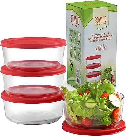 Amazon ガラス製食品保存容器 赤い密閉蓋 4個セット 6 X 2 5インチ 小さな丸型ミキシングボウル 食事準備 残り物 ベーキング用 料理 ランチに Bpaフリー キッチンアイテム Bovado Usa キッチン収納 通販