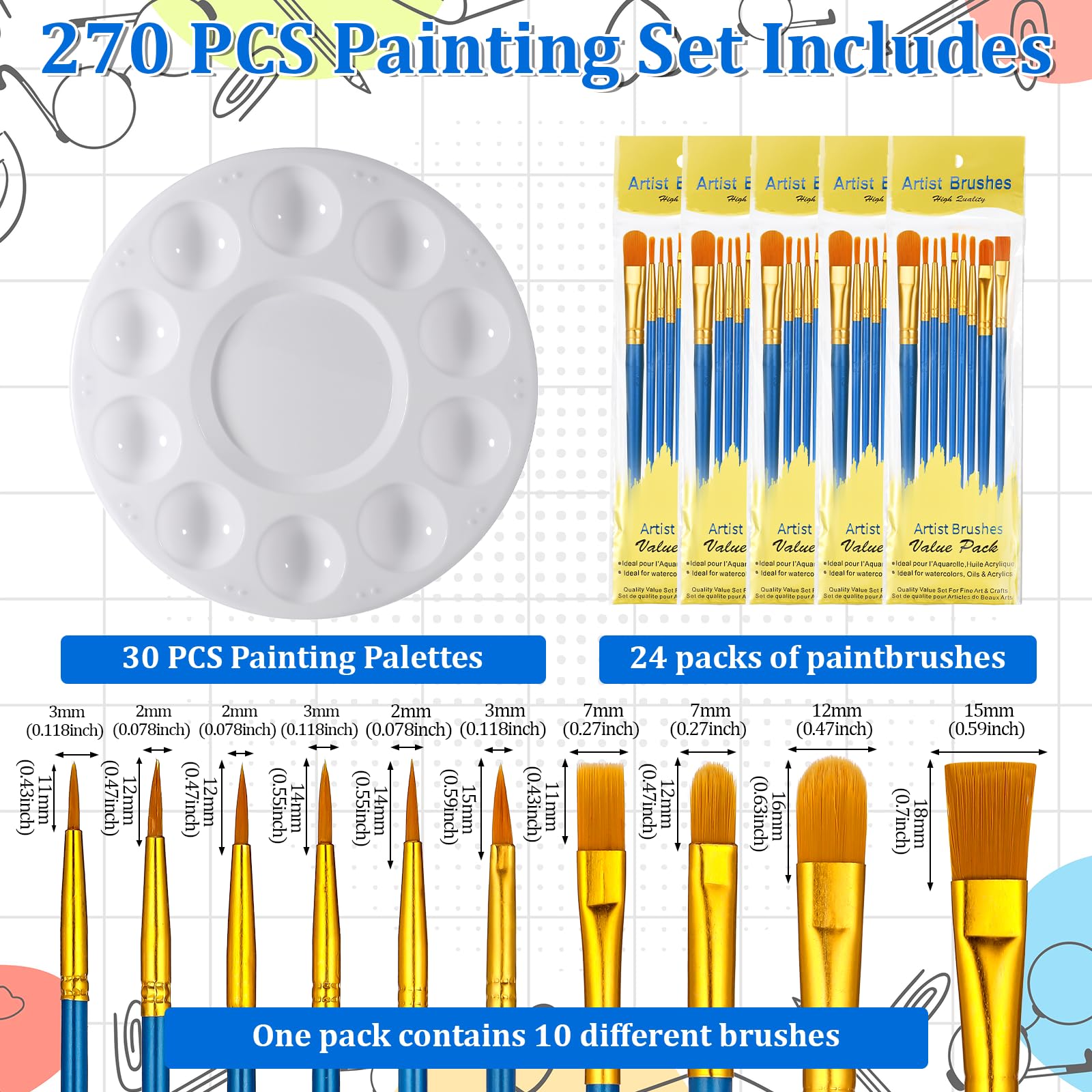 Pinsel-Set mit 270 Stück, 24 Stück mit 240 Pinseln, 30 Farbschalen, wertvolle Pinsel- und Paletten-Set, Acrylfarben-Pinsel-Sets für Öl- und Aquarellmalerei