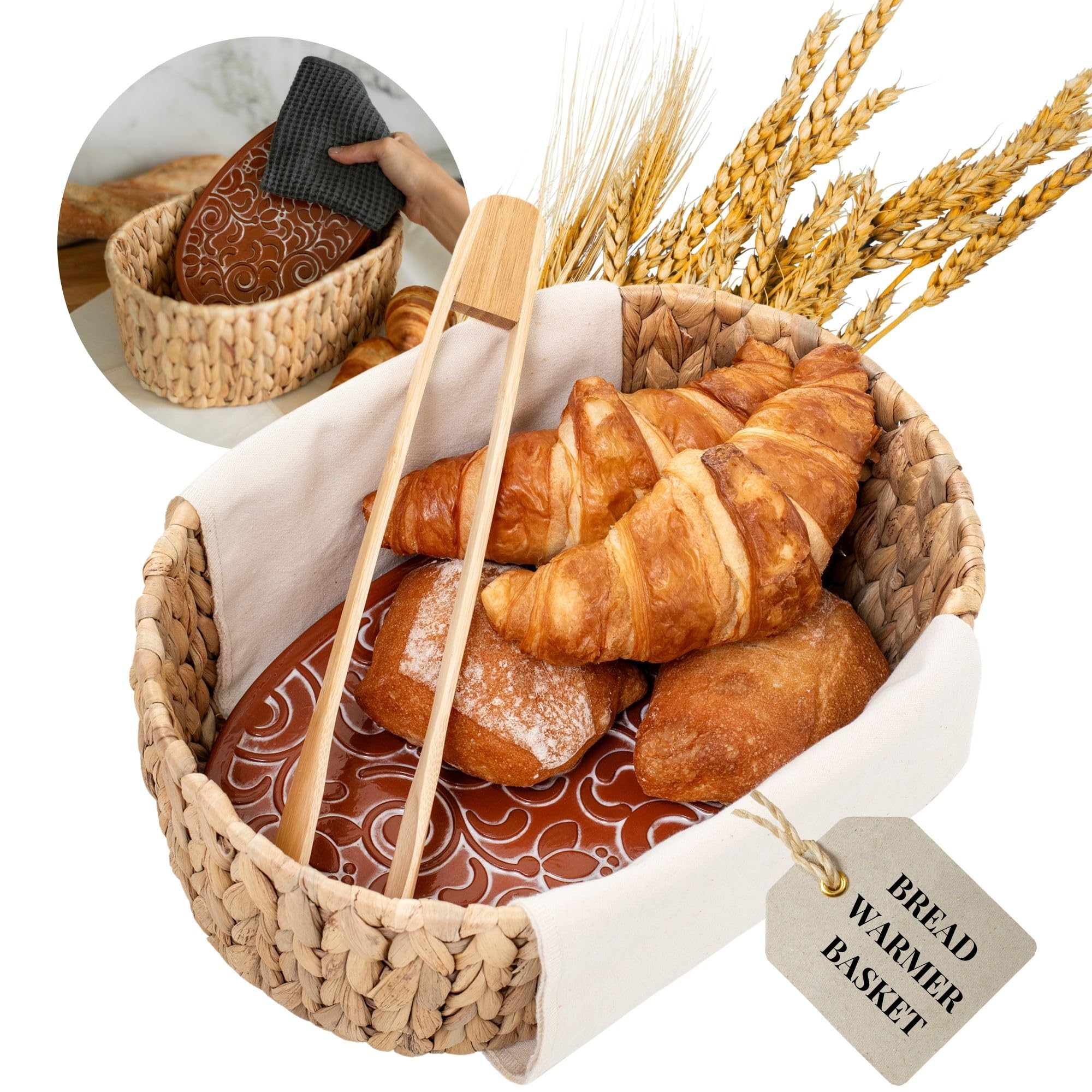 Meryotsa Natural Wicker Bread Basket With Warmer Terracotta Bread Basket Sourdough Bread Kit For Serving Mother's Day Gift