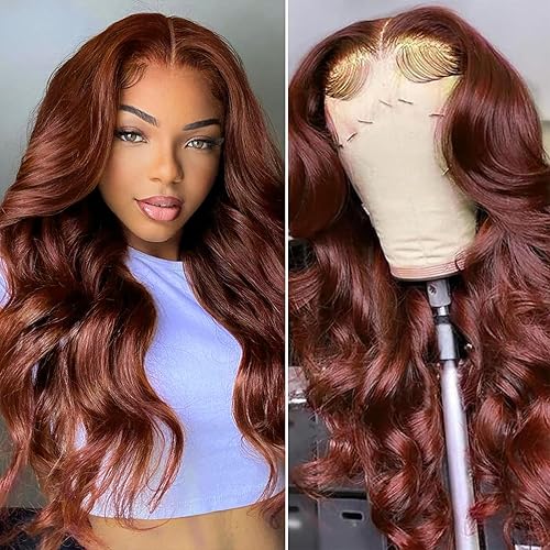 Reddish Brown Body Wave Lace Front Wigs Human Hair Auburn Colored 13x4 HD Transparent Lace Frontal Wig for Black Women 180% Density Copper Red Glueless Lace Front Wig Pre Plucked 26 Inch