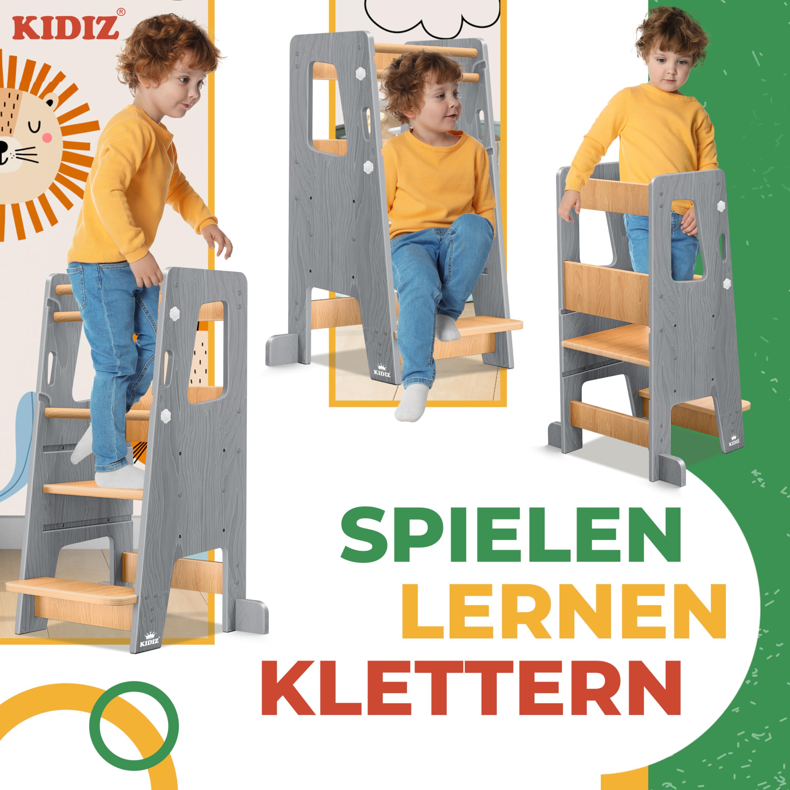 KIDIZ® Tour d'apprentissage pour enfants à partir de 1 an avec horloge d'apprentissage | Marchepied réglable en hauteur sur 3 niveaux en bois de pin | Favorise la motricité ludique et la tour