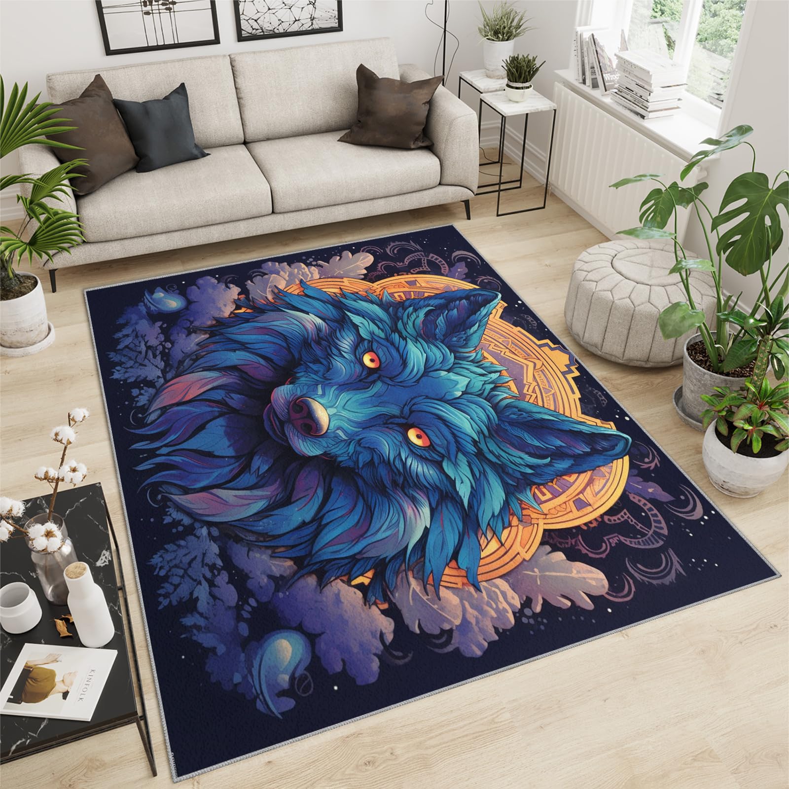 Cartoon Wolf Rug Wolf Totem Rug Bohemian Watercolor Animals Area Carpet Non-Skid with Non-Slip Backing Floor Mat for Bathroom Home Nursery College Dorm 6x8ft