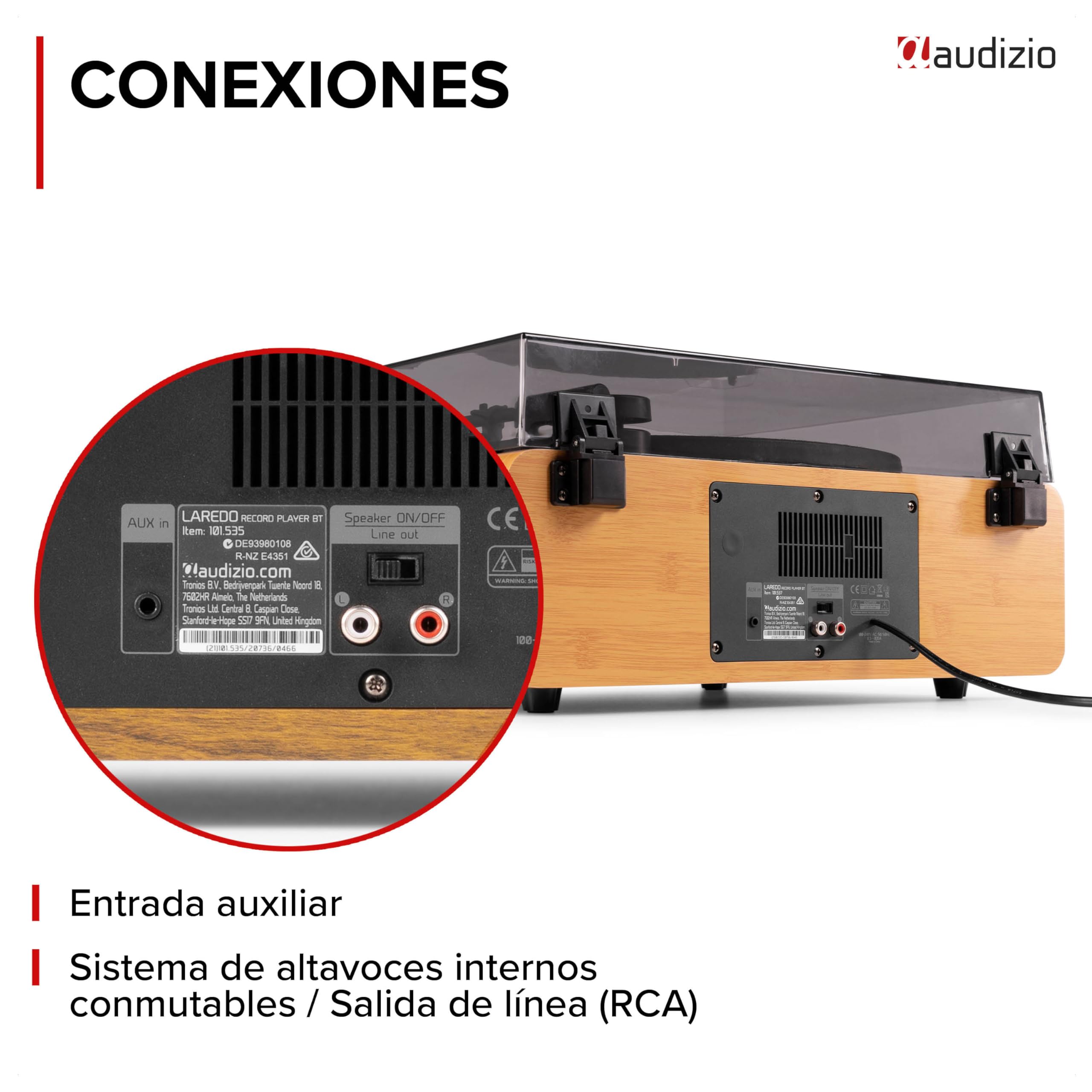 Audizio Laredo – Tocadiscos de Vinilo Bluetooth con Altavoces HiFi 160W, cápsula Audio Technica, Gira Discos con Plato de 29 cm, giradiscos Vinilo con RCA y BT in/out, Acabado en bambú