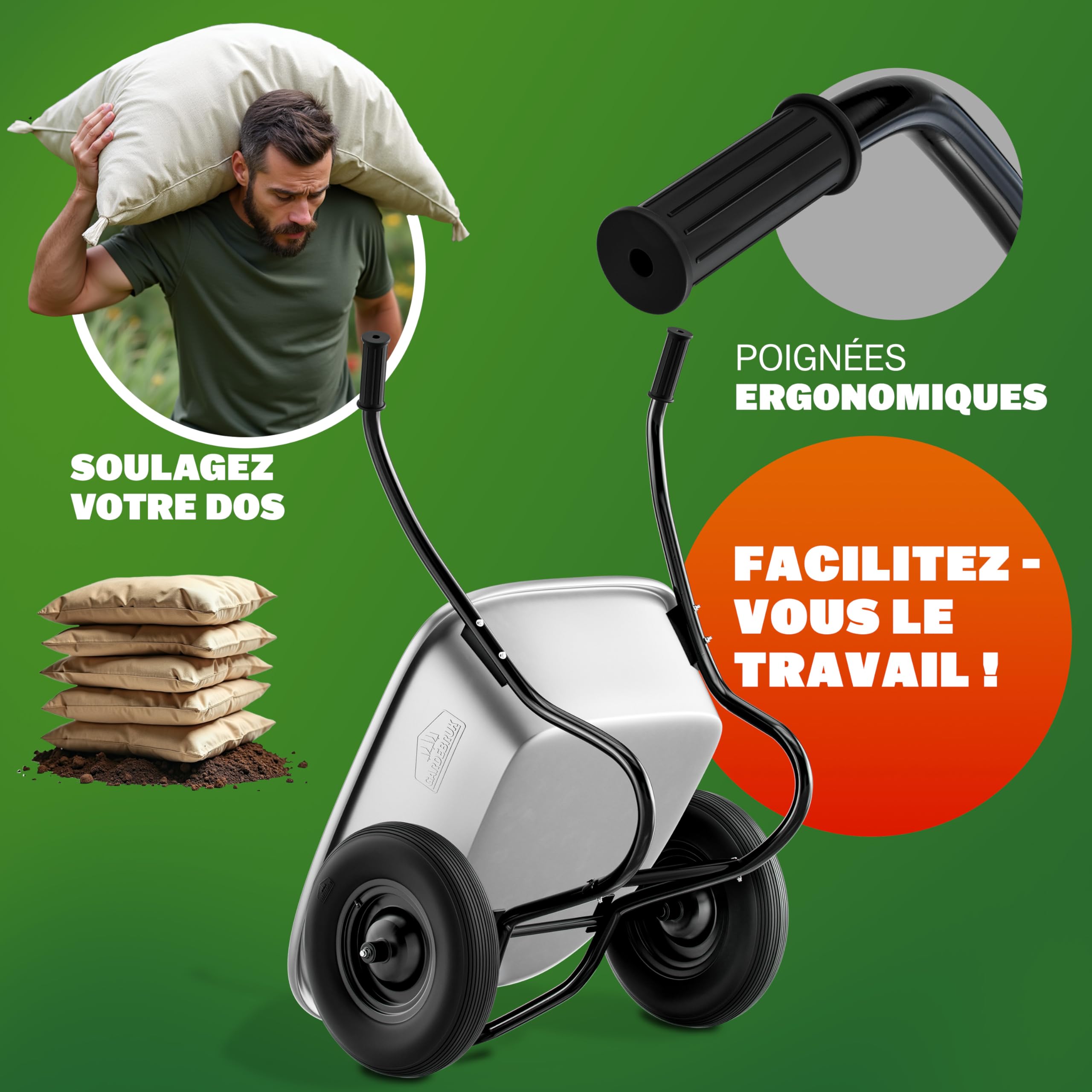 GARDEBRUK® Brouette 2 Roues 150 kg 100 L Jante Acier Roue Gonflable Jardin Jardinage Chantier Chariot de Transport