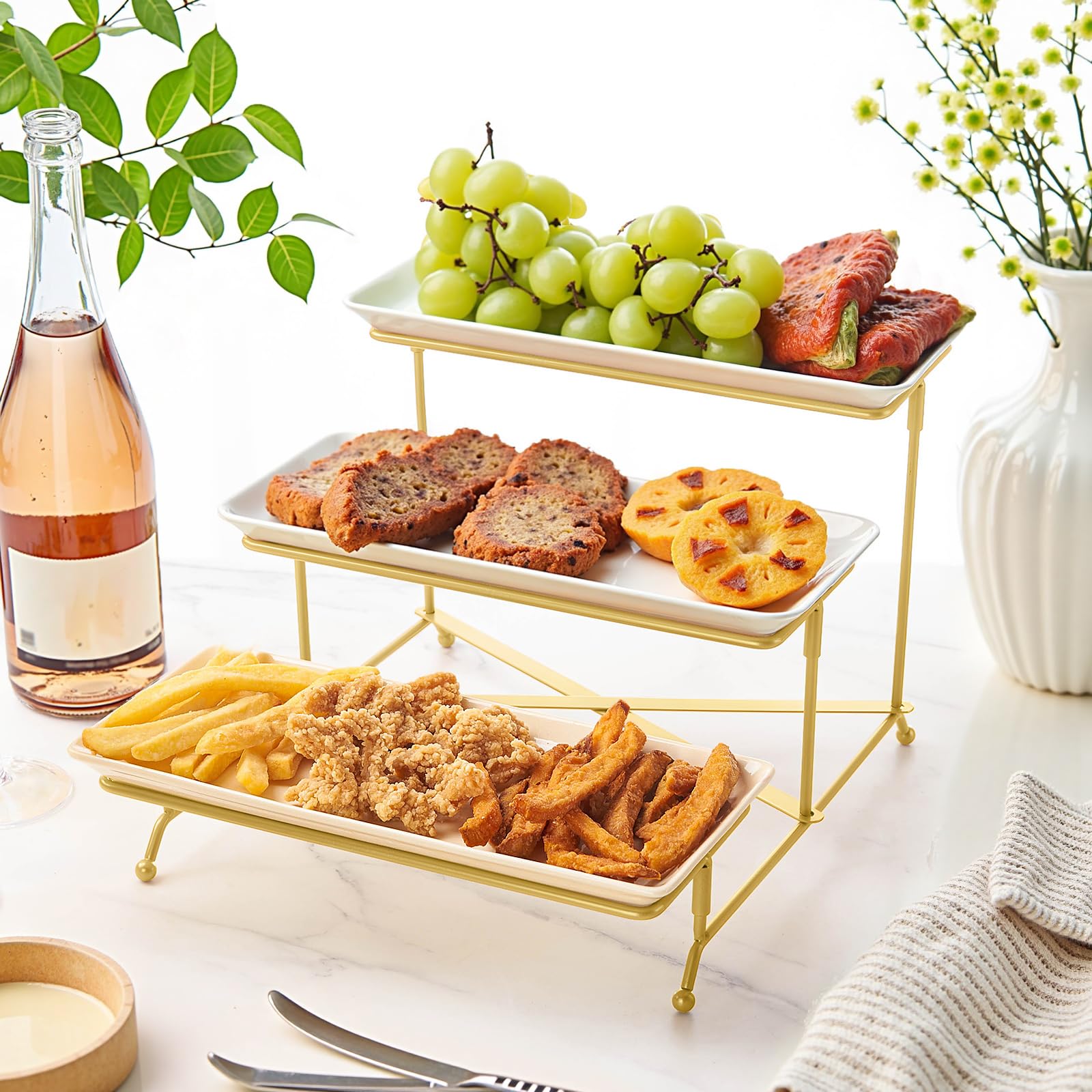 Plateau de Service avec 3 Plats, Plateau Repas, Grand Plateau Plastique Rectangulaire 35×29cm, Presentoir Aperitif Buffet, Présentoir à Gâteaux, Panier Fruits, Support en Métal Noir