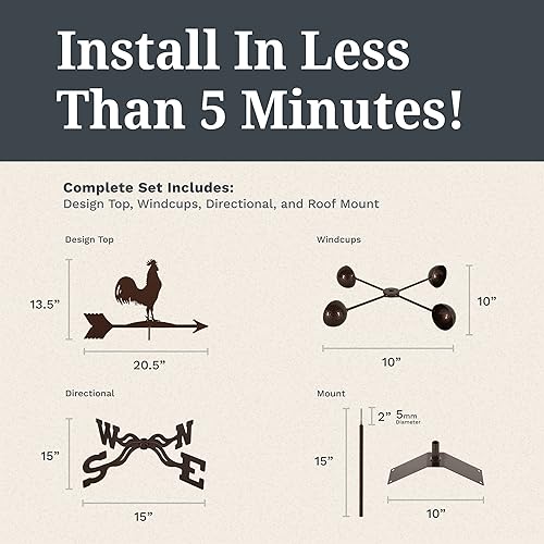 Miniatura 13 de EZ Vane - Veleta de gallo - Montaje en 4 caras, copas de viento, acabado de cobre antiguo, acero con revestimiento de polvo triple duradero, hecho a