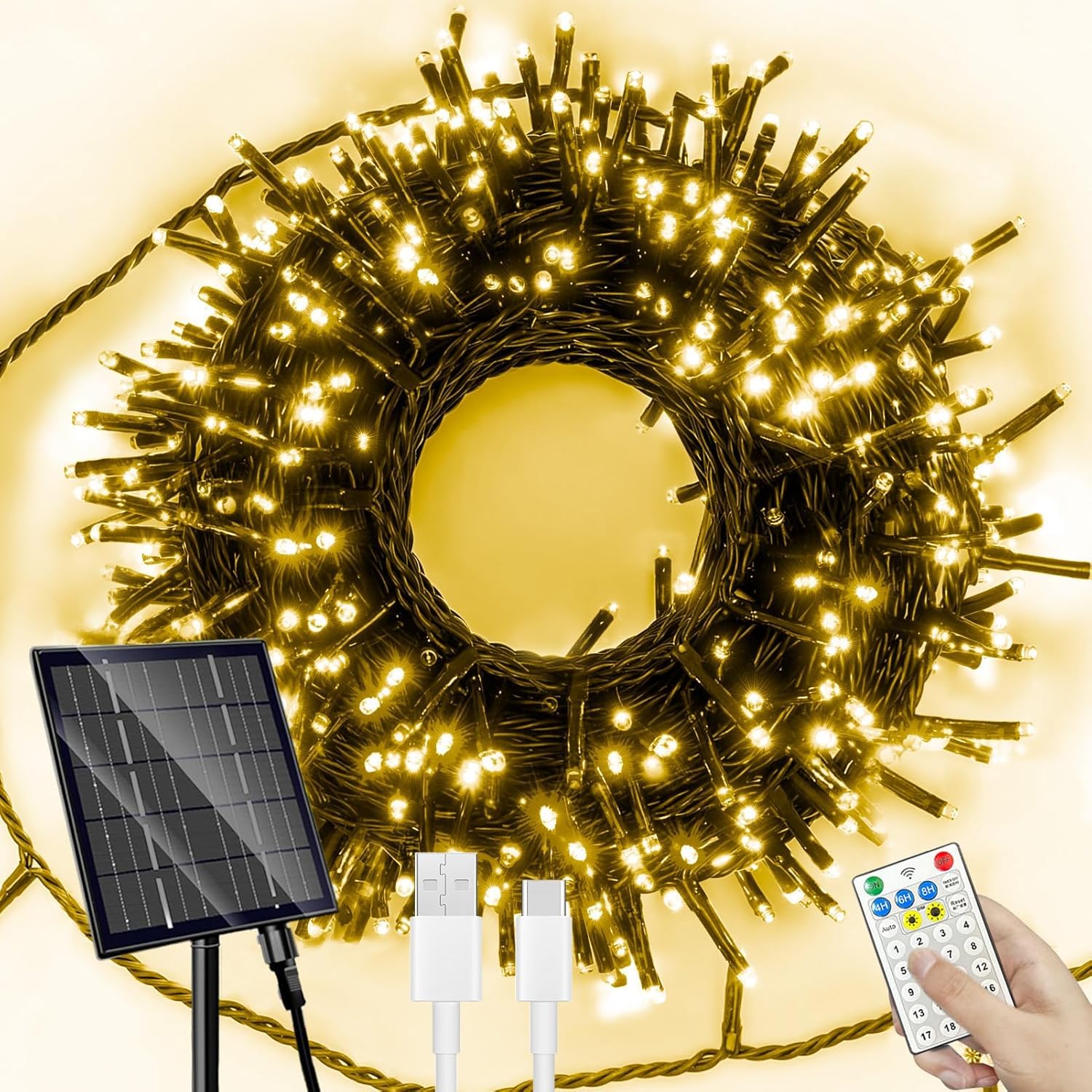 SOLARBABY Solar Christmas Lights Outdoor Waterproof, 164FT 500 LED 19 Modes Solar Sting Lights for Outside Xmas Tree Garden Patio Wedding Christmas Decorations, Warm White