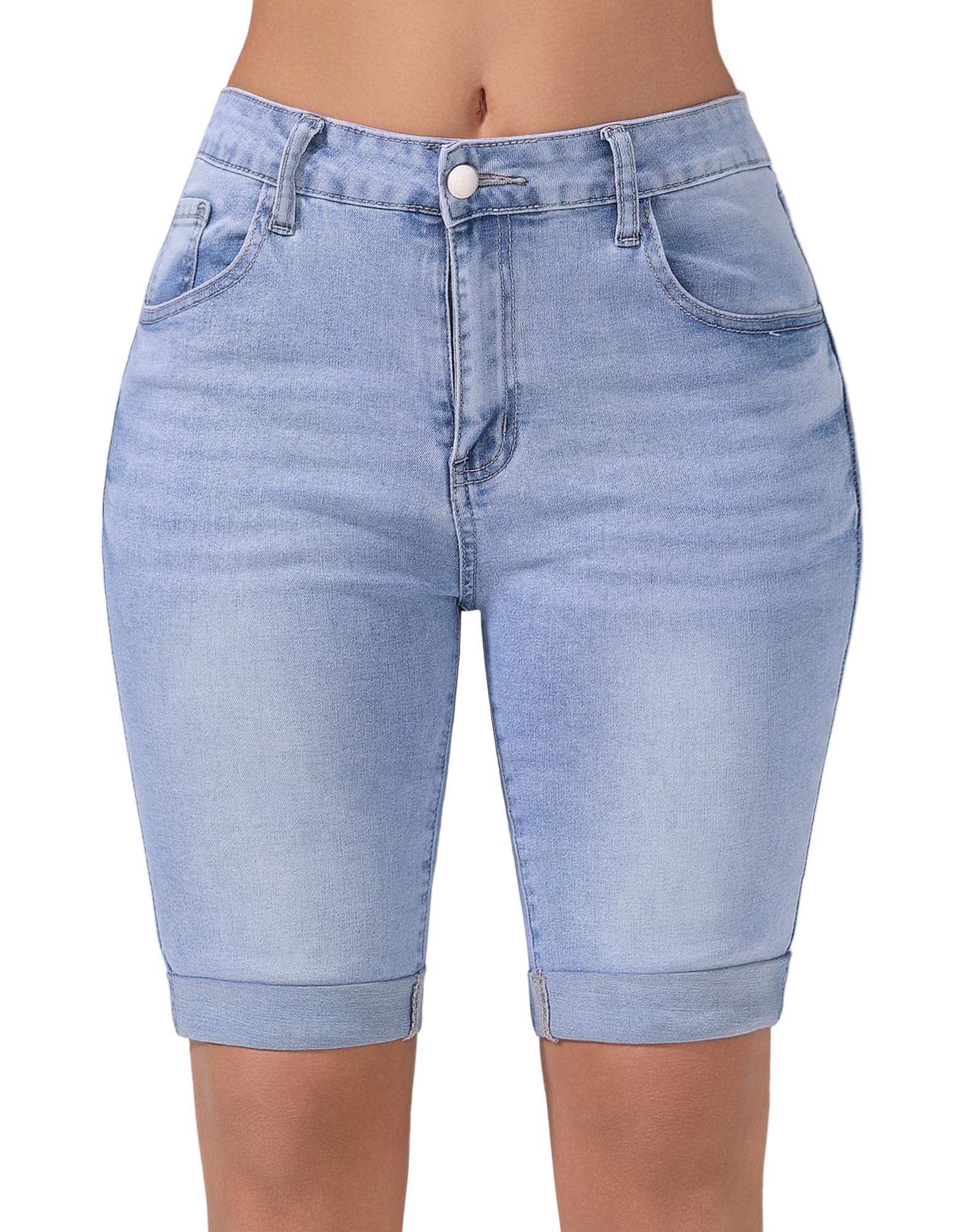 Queenwin Women's Mid Rise Bermuda Shorts Stretchy Long Rolled Hem Denim Jean Shorts