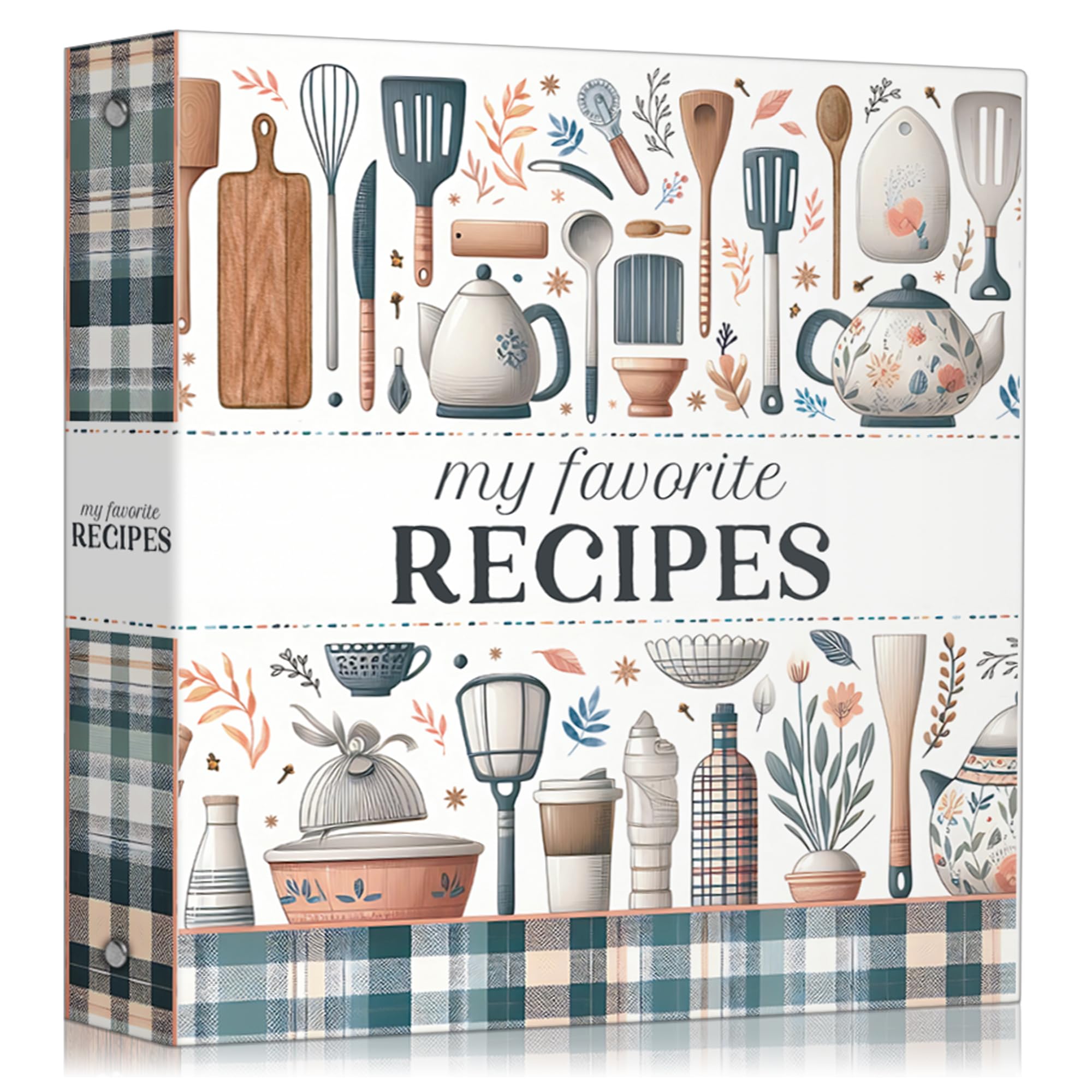 Raccoglitore per ricette deluxe, raccoglitore a 3 anelli per libri di cucina a quadri con 12 divisori personalizzati, 25 pagine protettive, schede per ricette spaziose, tabella di conversione della