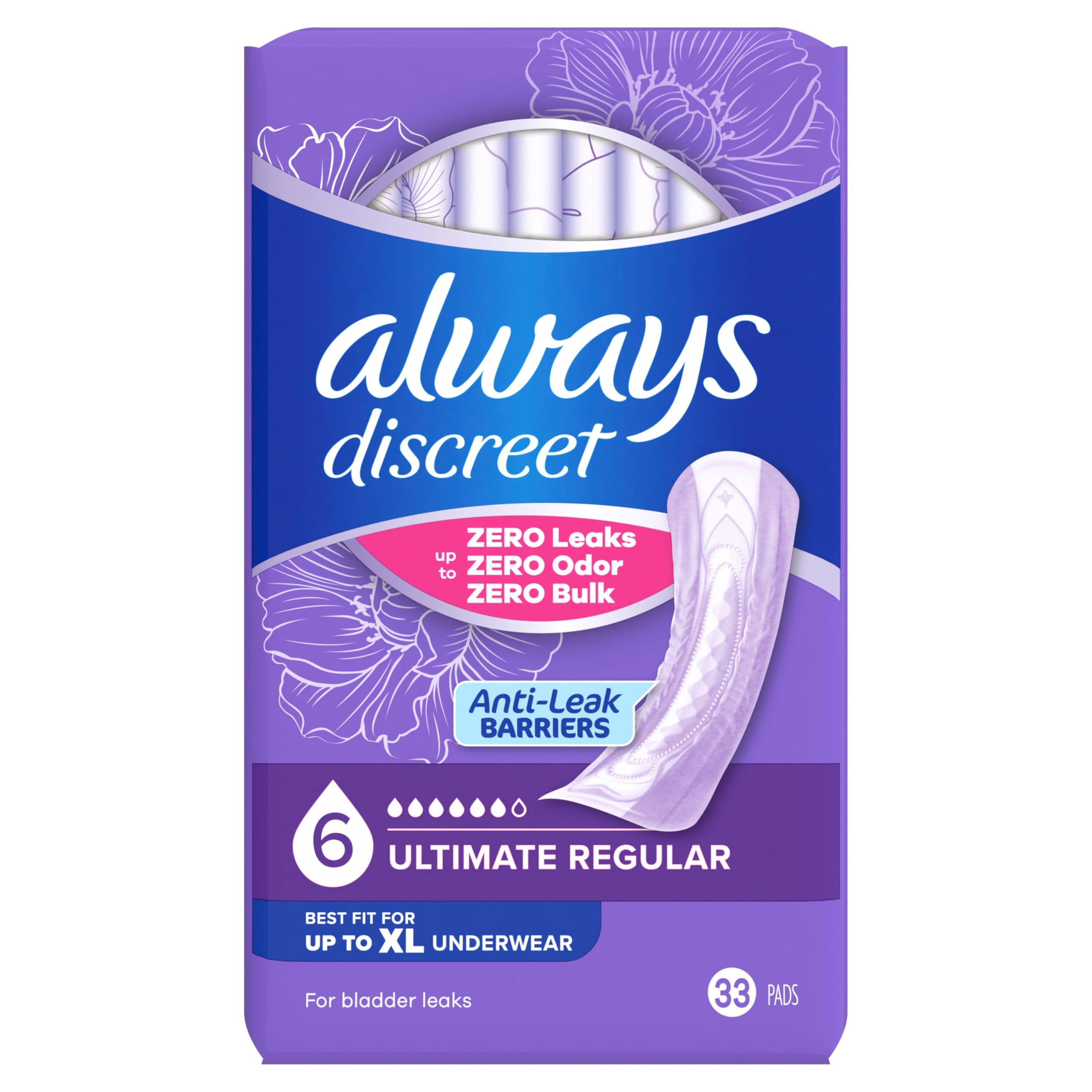 Always Discreet, Cuscinetti per incontinenza e post-partum da donna, assorbenza extra pesante durante la notte, lunghezza regolare, 33 pezzi x 2 confezioni (66 pezzi totali)
