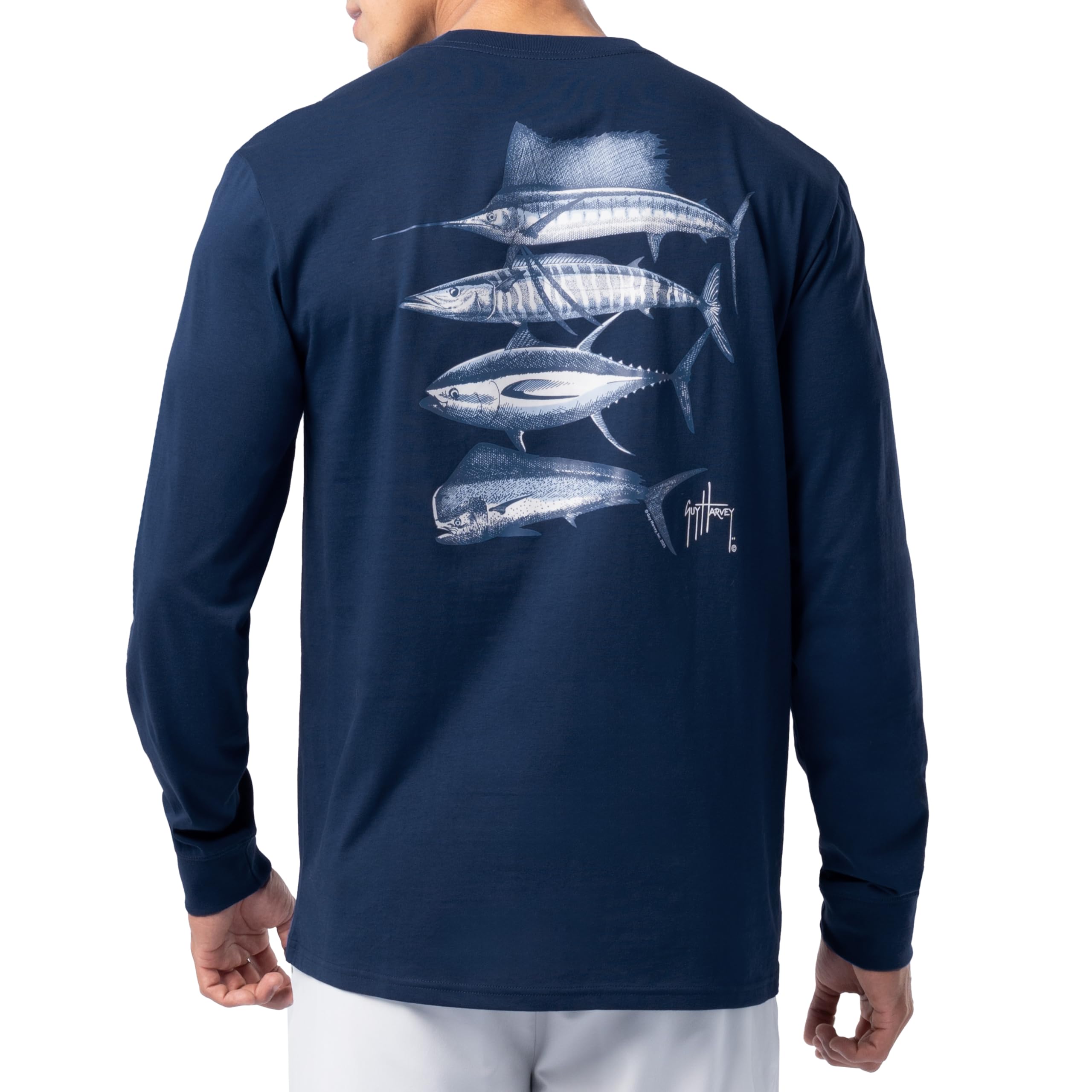 Guy Harvey Men’s Long Sleeve Lightweight Cotton Fishing Graphic Pocket T-Shirt, Estate Blue/Slam Stencil, XL