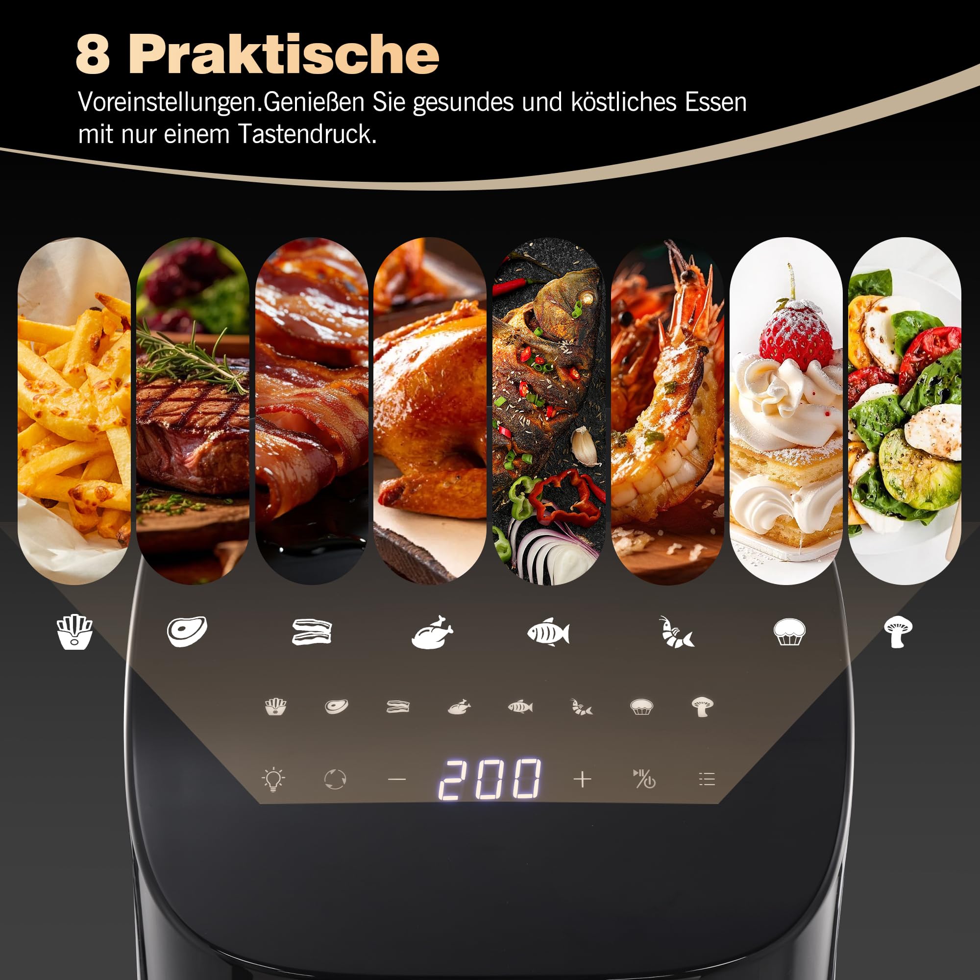 KEINVE Airfryer Heißluftfritteuse, 8-in-1 Air Fryer XXL 5L, Heissluftfritteuse mit Sichtfenster & Shake-Reminder