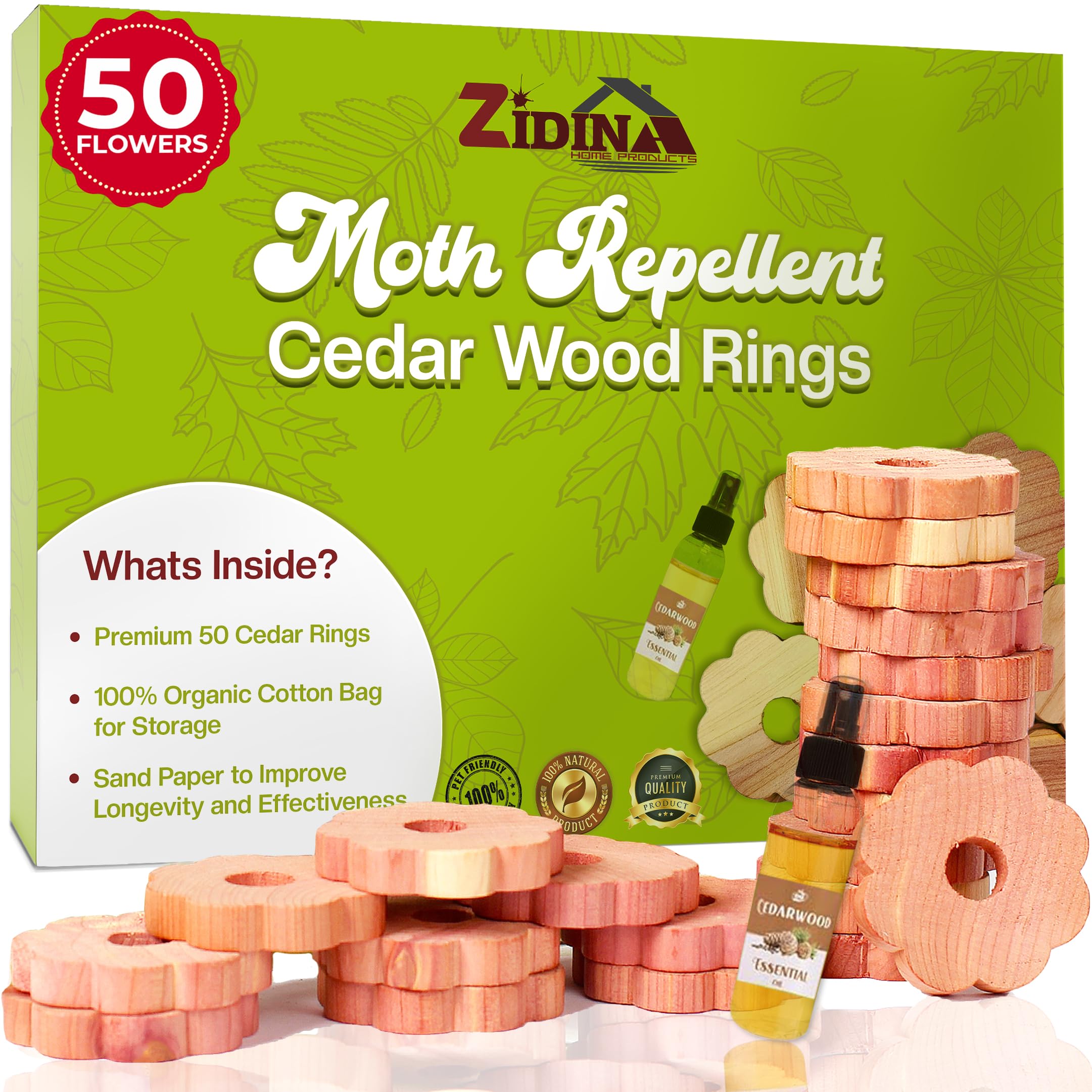 Moth Repellent for Wardrobes | 50x 100% Natural Cedar Wood Rings with Free 4.5ml Organic Cedar Oil | Wardrobe Fresheners | Includes Organic Fabric Bag & Sandpaper