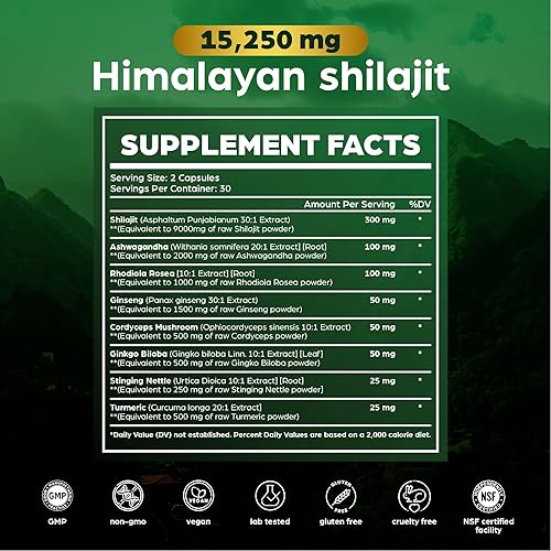 Miniatura 7 de Anuva Pure Shilajit Ultra Himalayan Shilajit Cápsulas 15,250 mg, Orgánico, Ashwagandha, Ginseng, Cordyceps, 60 cápsulas vegetarianas, para hombres y