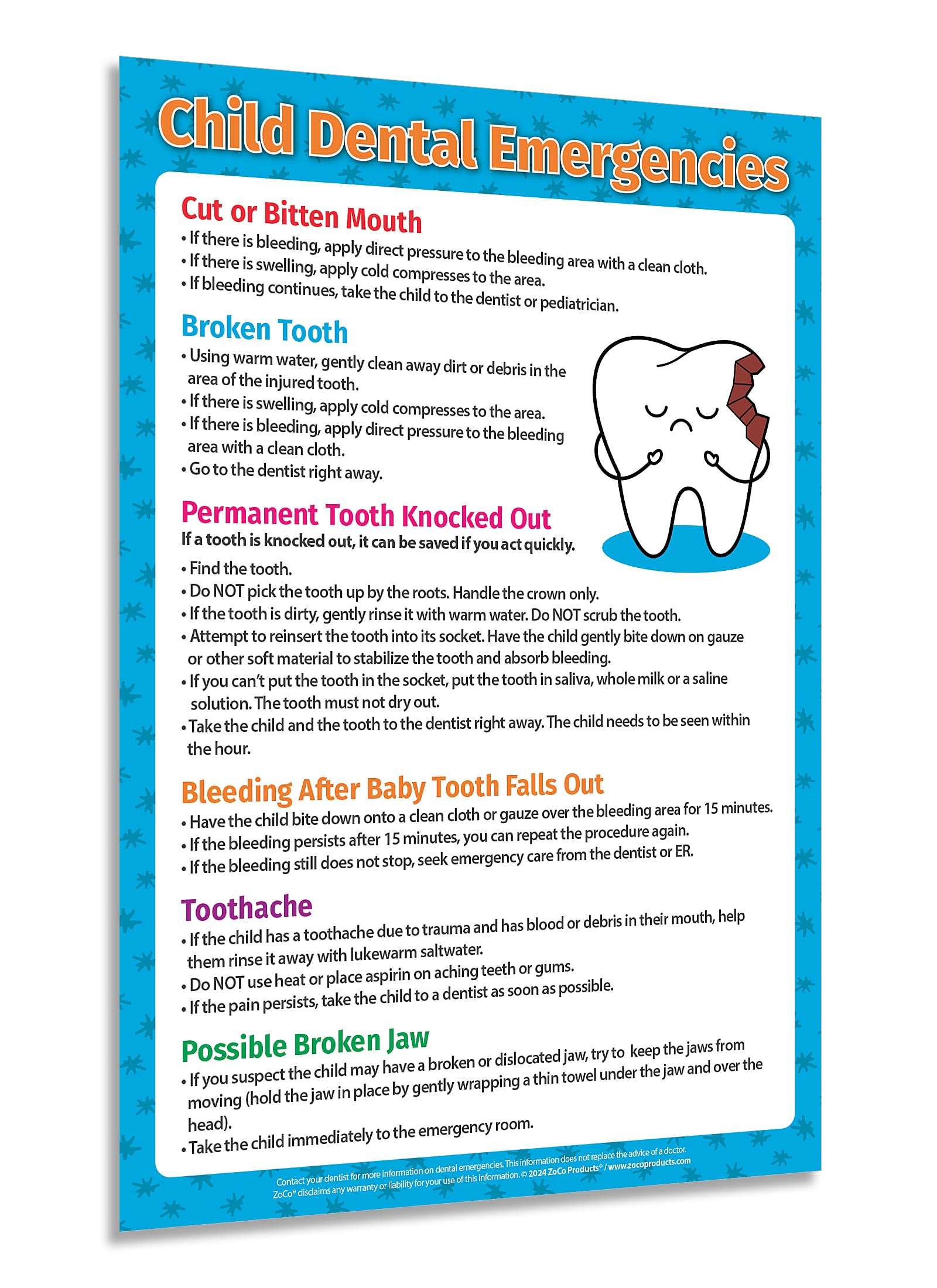 Safety Magnets ZOCO – Kids Dental Emergencies Poster – Laminated 12x18 – First Aid Steps for Children – Dentist Office School Nurse Daycare Classroom Clinic – Made in USA