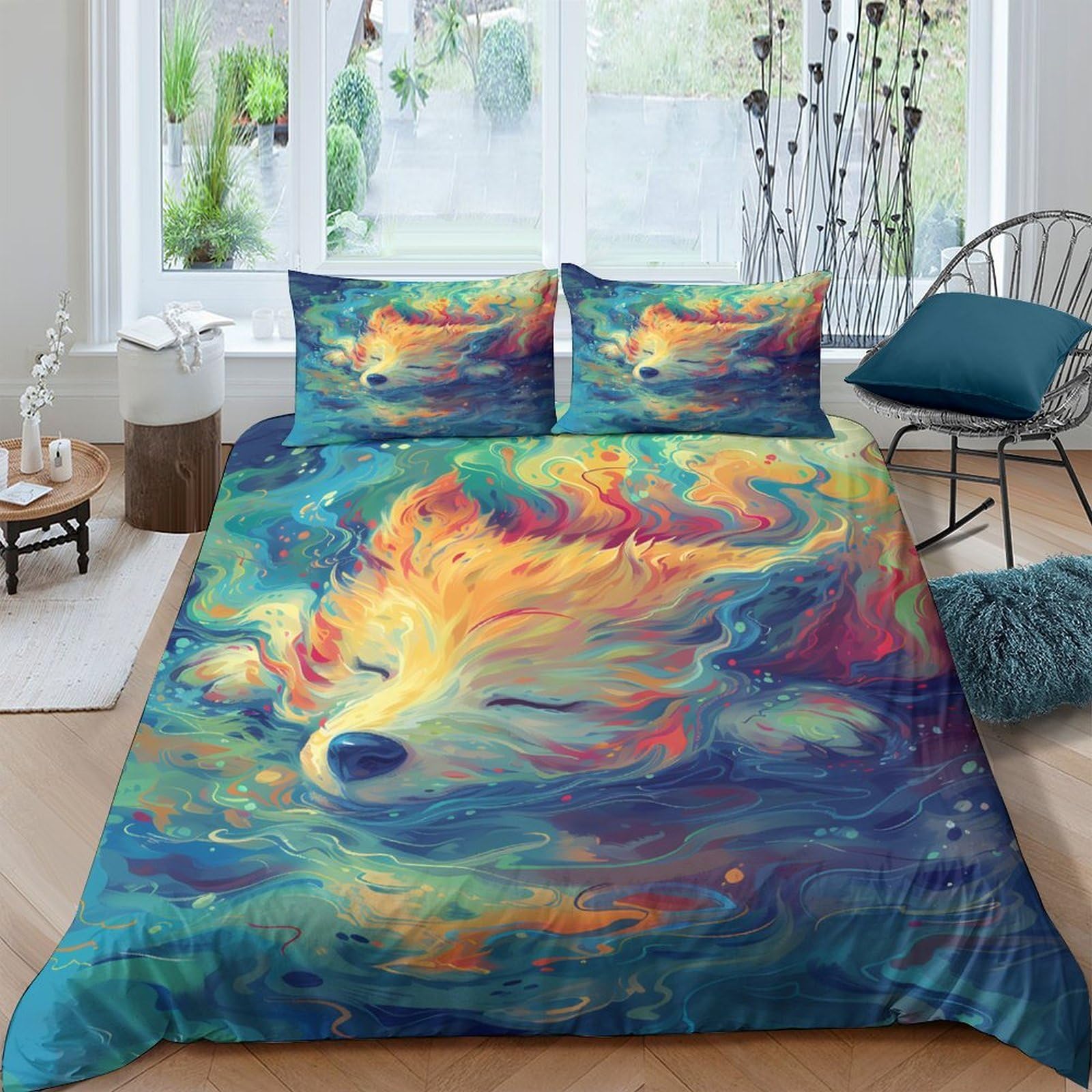 GPLZQXKJNH 3D Printed Dreamy Fox Duvet Cover Set Microfiber Soft Breathable Fire Abstract Bedding with 2 Pillowcases for Bedroom Decor Single（135x200cm）