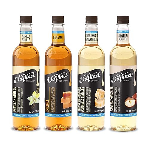 DaVinci Gourmet Jarabe sin azúcar, paquete variado tradicional, caramelo, avellana, malvavisco tostado, vainilla, 25.4 onzas líquidas (paquete de 4)