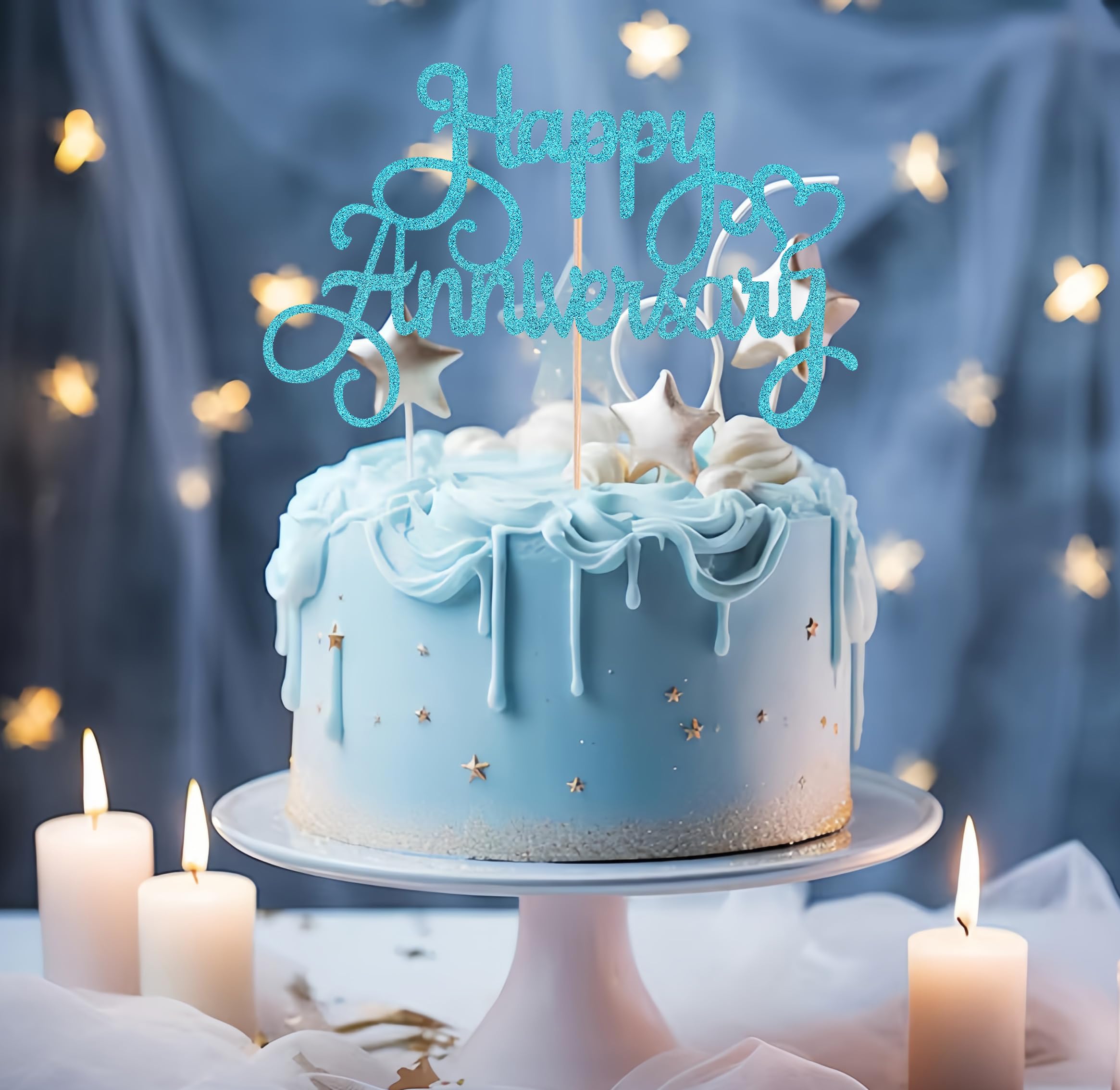 AHAORAY Happy Anniversary Cake Topper - Sky Blue Glitter Cake Decorations Supplies - Birthday Cake Bunting Decor, for Photo Booth Props