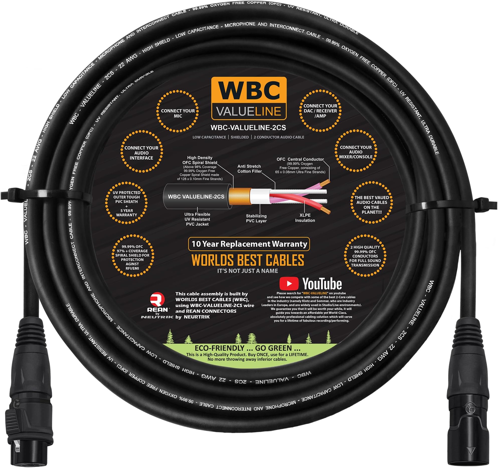 WBC-VALUELINE-2CS (22 AWG) - 12 Foot–Low-Capacitance Shielded Balanced Flexible Microphone, Active-Speaker & Interconnect Cables with Neutrik-Rean IP65 Rated Gold XLR Connectors