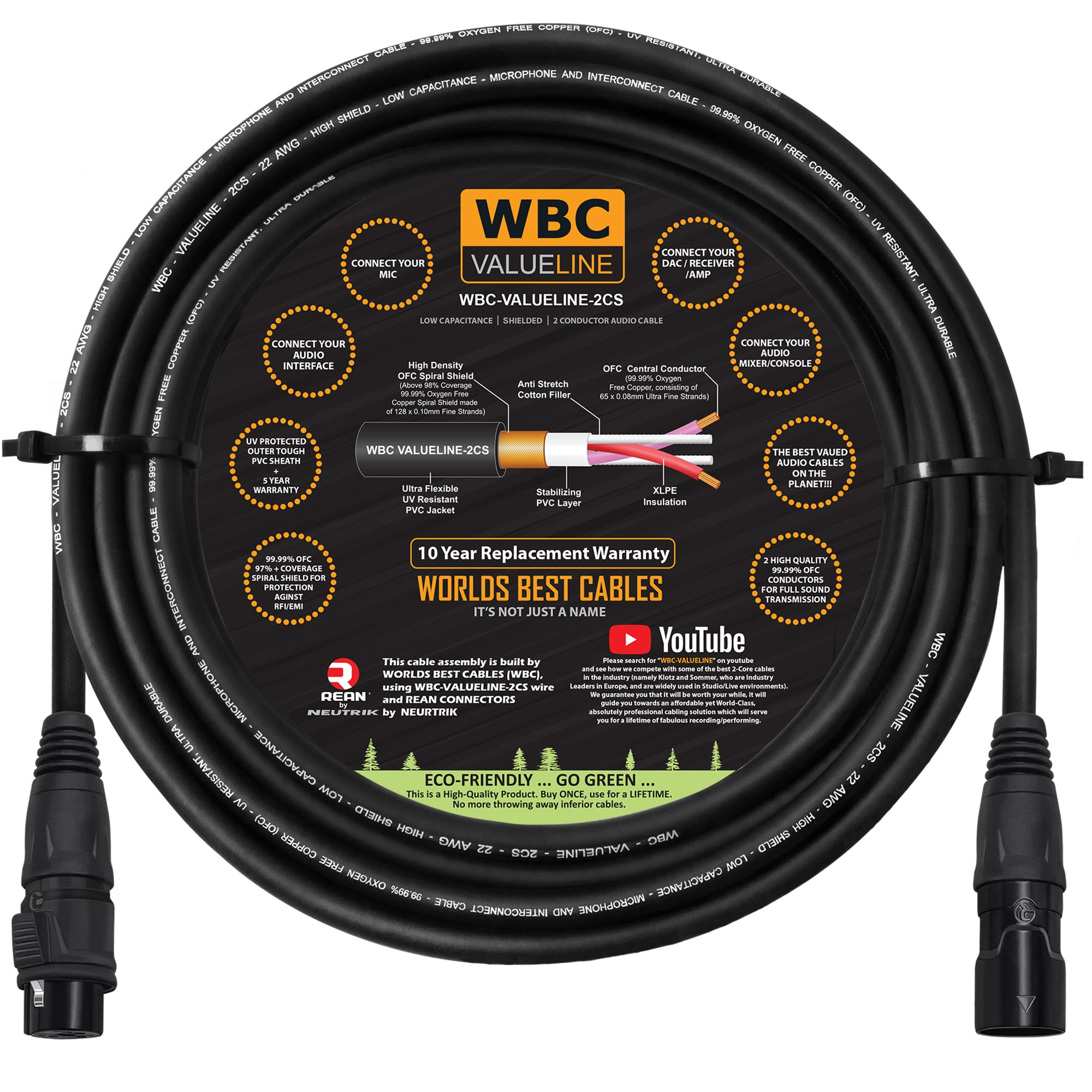 WBC-VALUELINE-2CS (22 AWG) - 12 Foot–Low-Capacitance Shielded Balanced Flexible Microphone, Active-Speaker & Interconnect Cables with Neutrik-Rean IP65 Rated Gold XLR Connectors