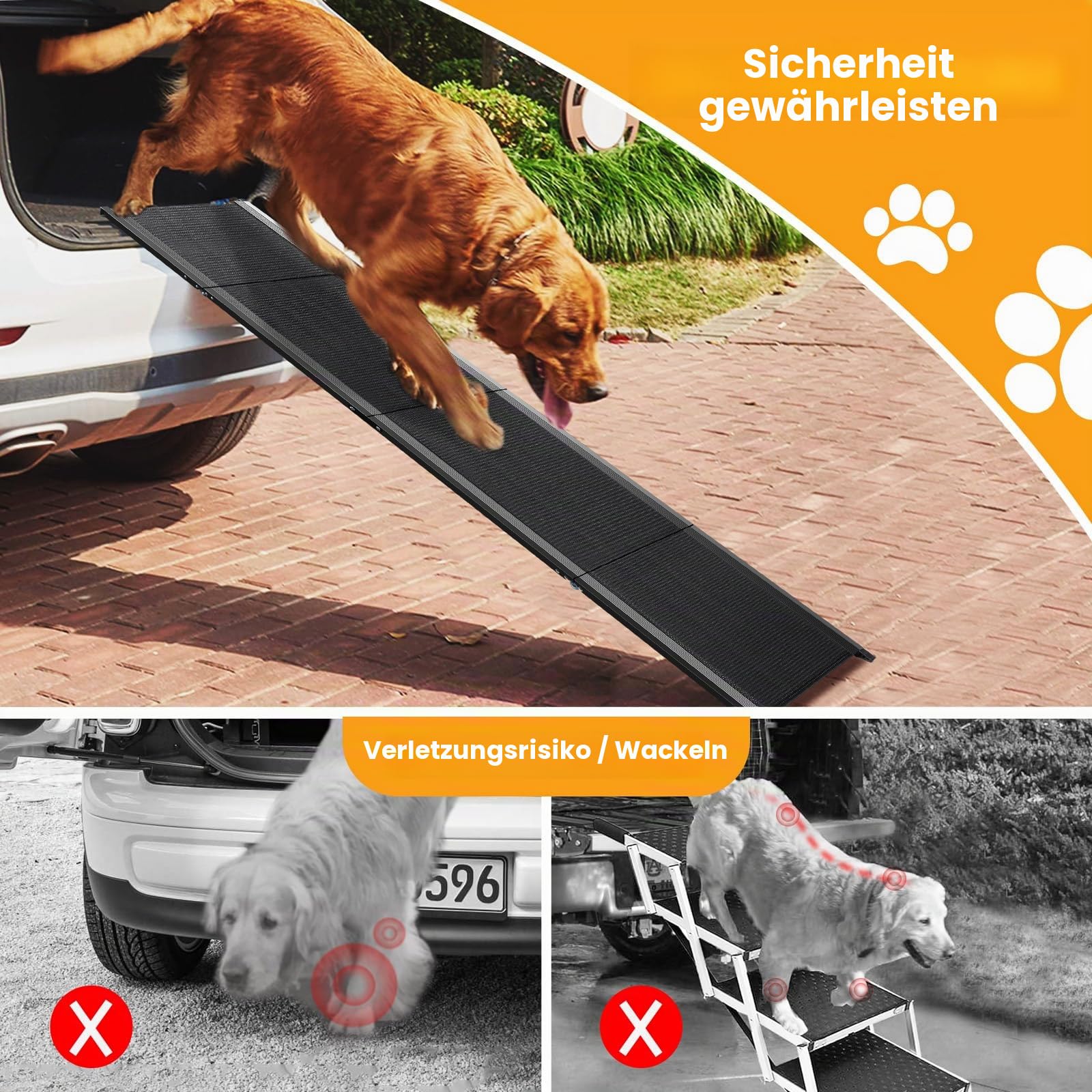 Hunderampe Auto klappbar, 160 x 44 cm Hunderampe mit Rutschfester Oberfläche, Faltbare Hundetreppe für Mittlere & Große Hunde zum Einstieg in LKW, SUV und Auto, Rampe Hund für Bett, Sofa, Stufen