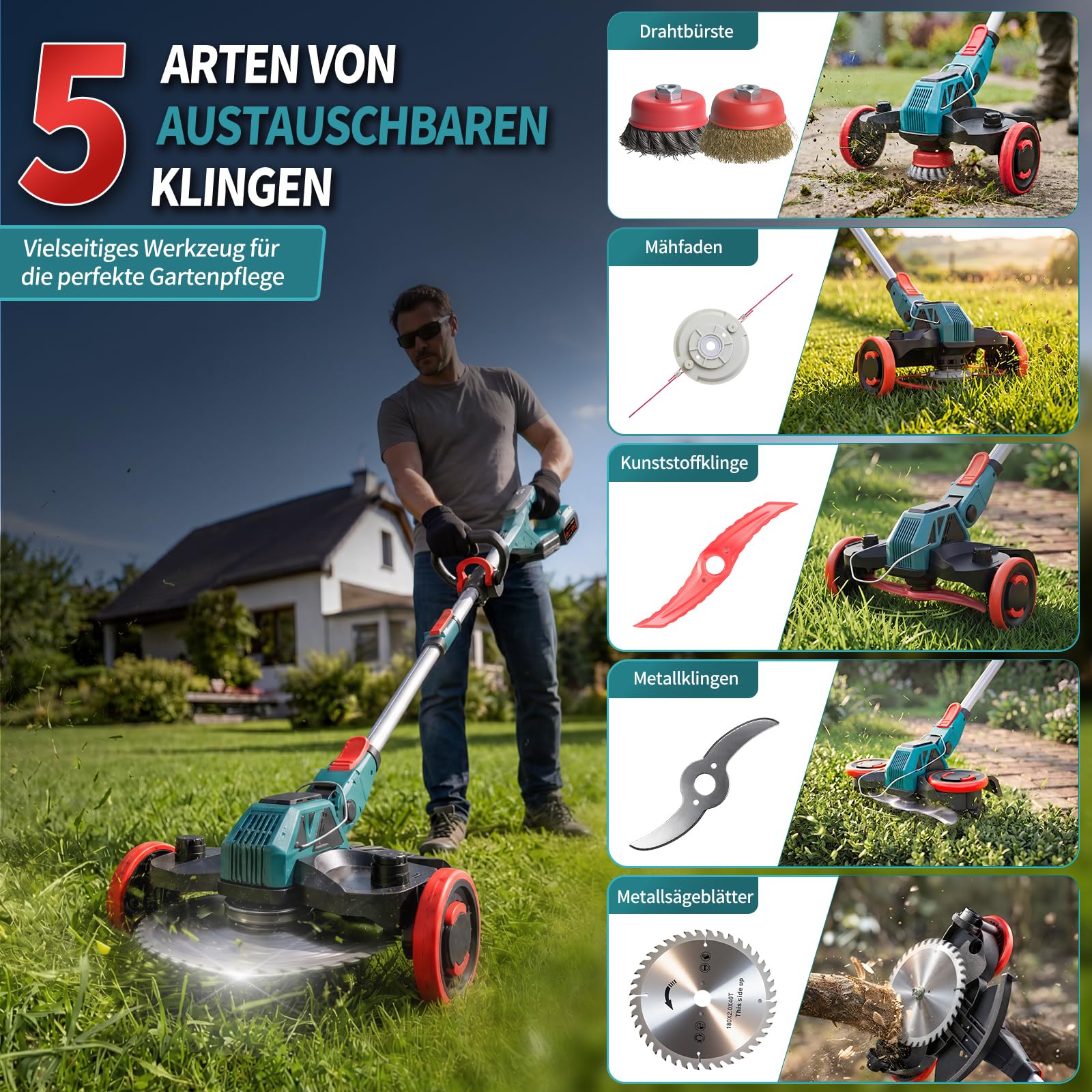 Rasentrimmer mit Akku, 5-IN-1 Rasentrimmer mit Unkrautbürste/Rädern, 21V/2 * 4.0Ah Akku Rasentrimmer, 900W Bürstenloser Motor Akku Freischneider, Akku Motorsense für Rasen, Garten, Hof