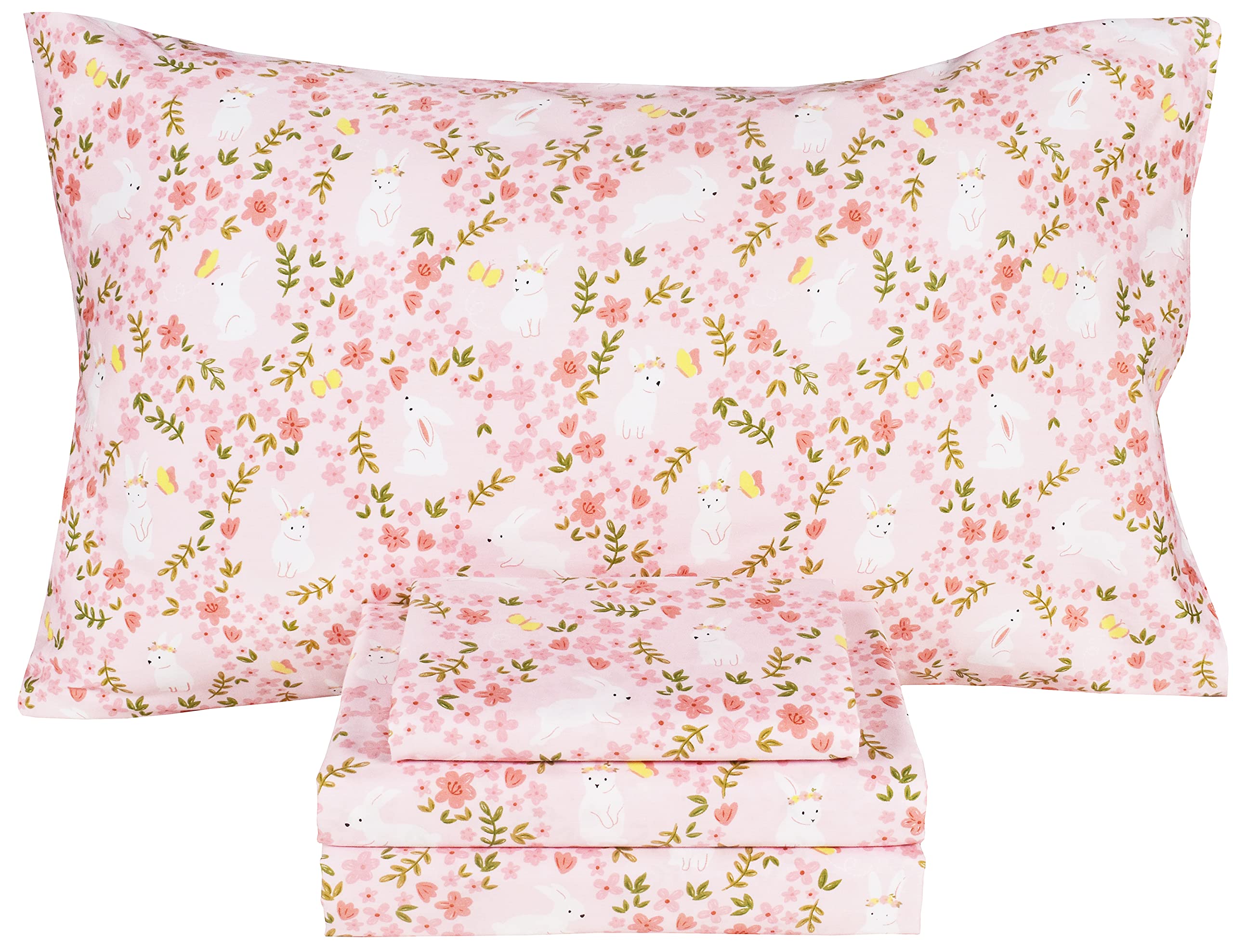 Scientific Sleep Pink Flower Floral Rabbit Bunny 100% Cotton 4 Pcs Twin Bed Sheet Set Kids Toddler Teen, Flat Sheet &amp; Fitted Sheet &amp; Pillowcase Kids Bedding Set (Rabbit Flower, Full)