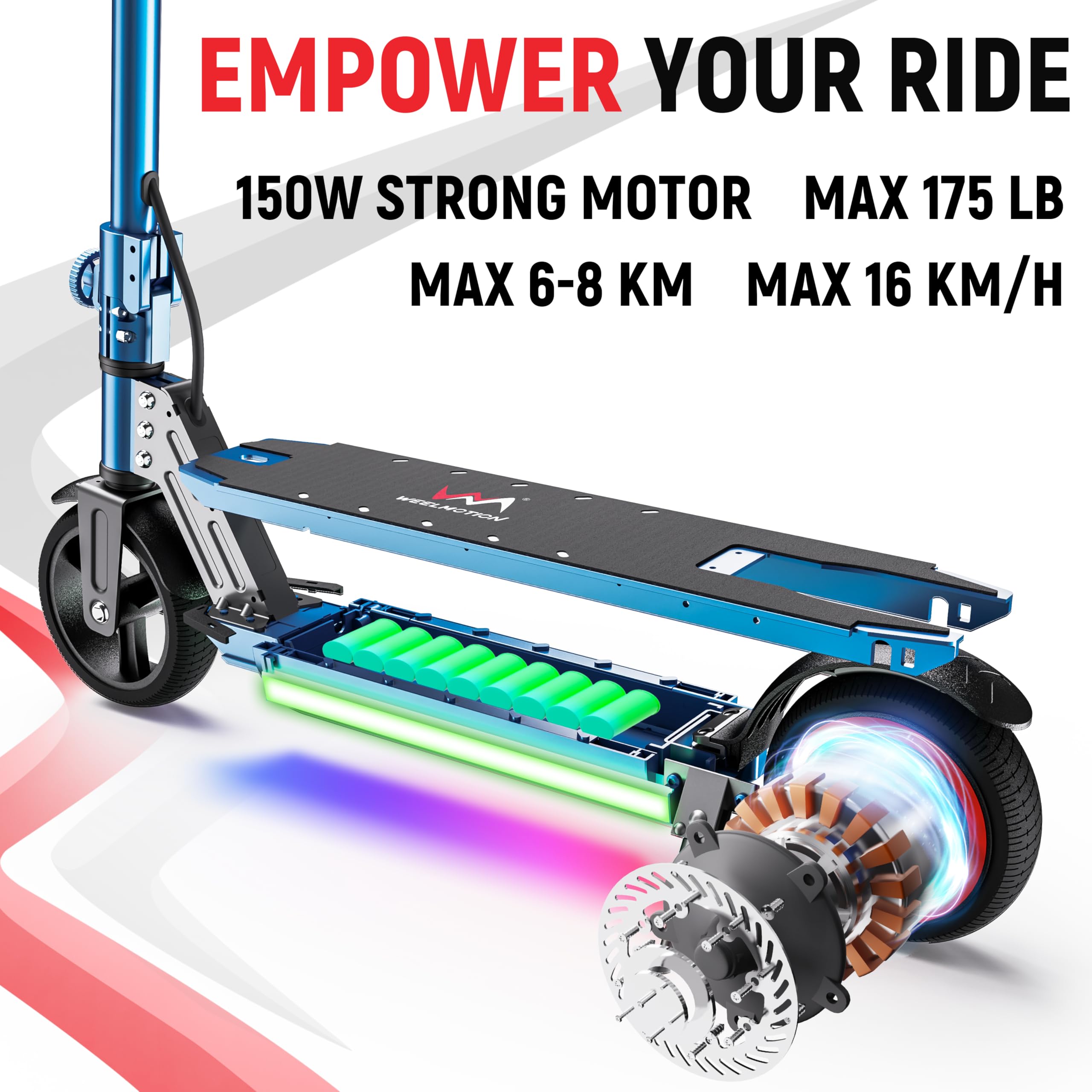 Patinete eléctrico plegable para niños, con luces principales, luces de barra frontal brillantes, luces brillantes en el pedal, pantalla LED, motor de doble freno de 150 W, scooter 2