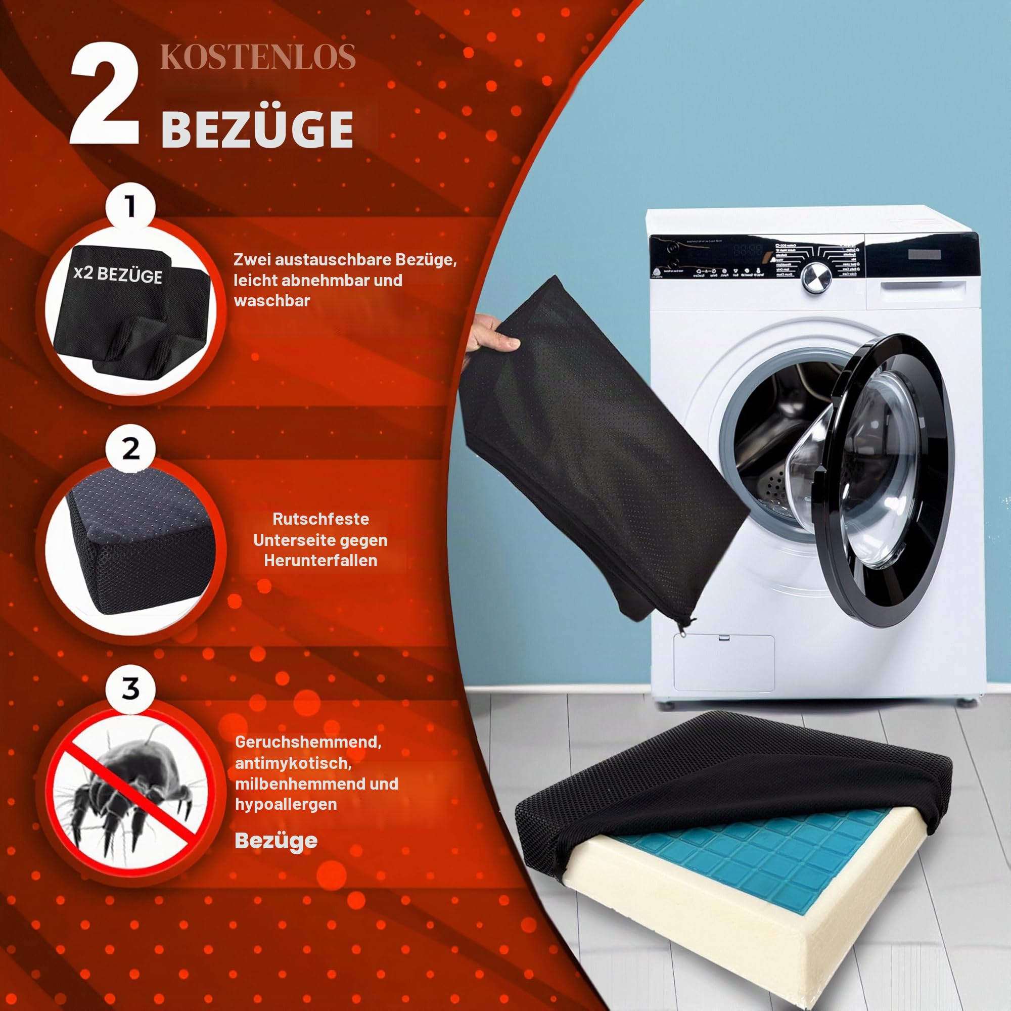 Premium-Kissen aus viskoelastischem Material und kühlendem Gel mit 2 Bezügen | Wasserdicht | Hoher Komfort bei längerer Nutzung | Bürostuhlkissen | 40x40x8 cm | Gaming-Stuhl