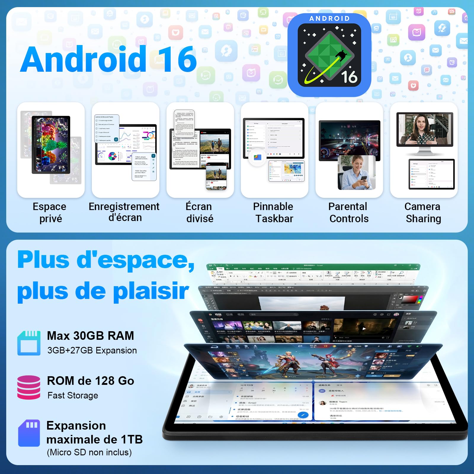 Tablette de 11 Pouces Android 16 Tablette, 2 en 1 Tablettes avec Cas de Stylo de Souris Clavier, RAM de 30 Go ROM de 128 Go (1TB TF Expand), 7800mAh, WiFi 6, BT5.4, Pour l'étude de Travail, Noir