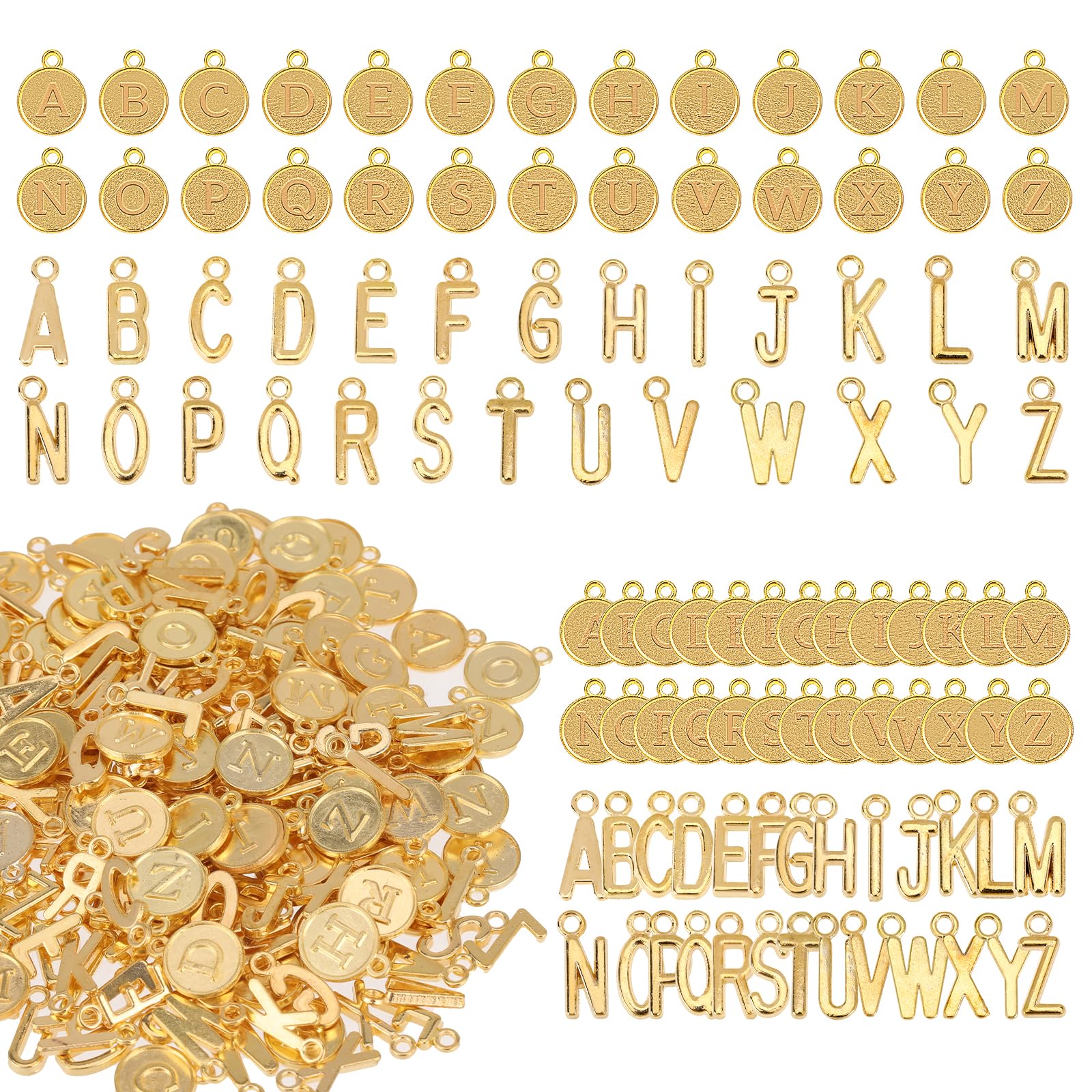 208 Pieces Gold Letter Alphabet Charms Round Metal Charm Letters Small Gold Metal Letters Charms A-Z, Small Gold Initial Alphabet Charms for Jewelry Making DIY Crafts Wristbands Bracelets Pendant