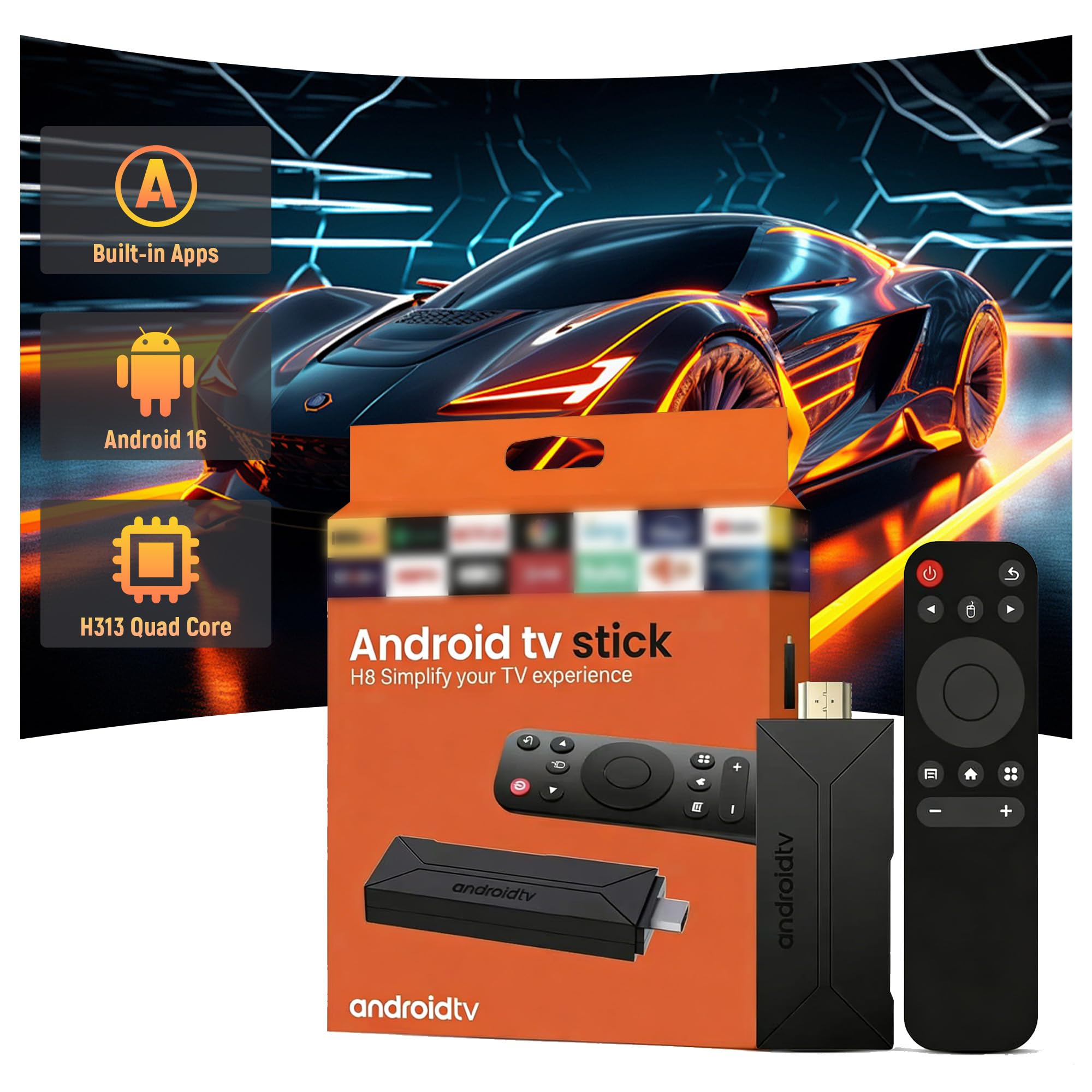 H8 Android TV Stick 16.0, Smart TV Stick HD, Processore Quad-Core H313, 2 GB RAM, 16 GB ROM, Supporta WiFi, Dispositivo TV Android Plug-and-Play per Home Theater e Viaggi