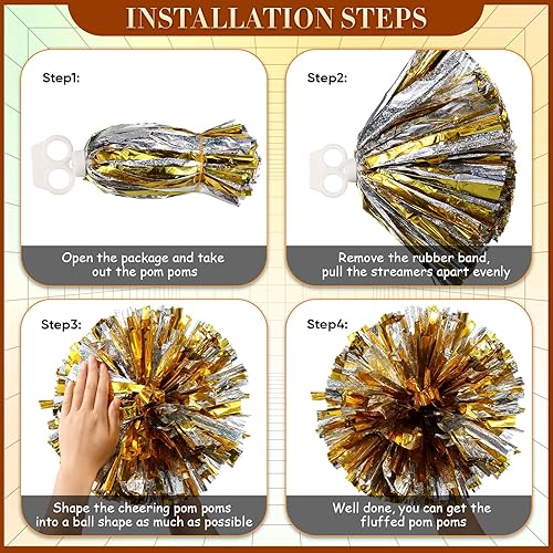 Miniatura 279 de Hanaive 3 pompones de animadora y lazo grande para animadora para el pelo, suministros metálicos para animadora de espíritu de equipo, deportes
