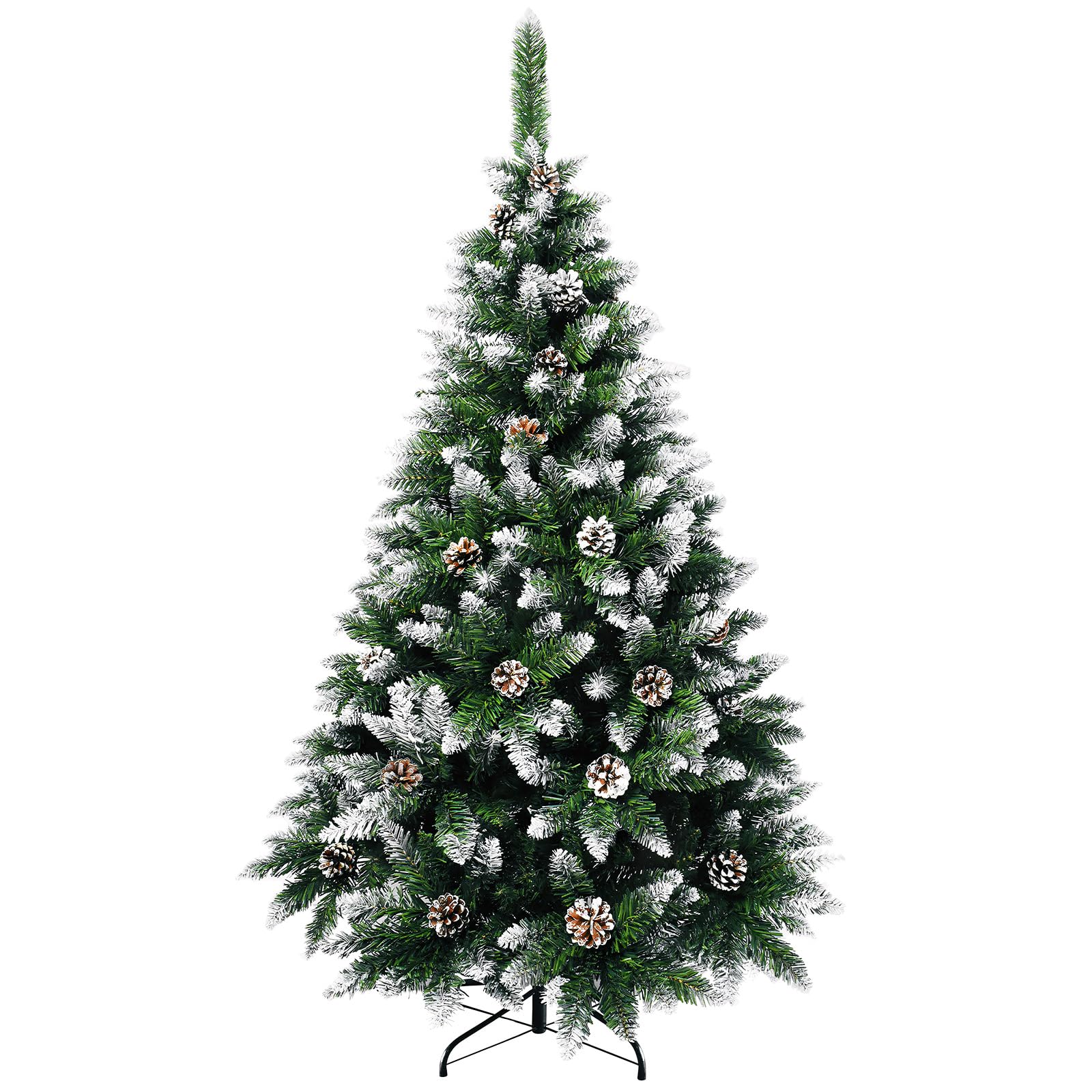 5FT New Christmas Tree - Artificial Hinged Unlit Xmas Pine Tree with 480 PVC Branch Tips, Partially Flocked Design, Pine Cones, Suitable for Outdoor, Indoor, Office, and New Year Decoration