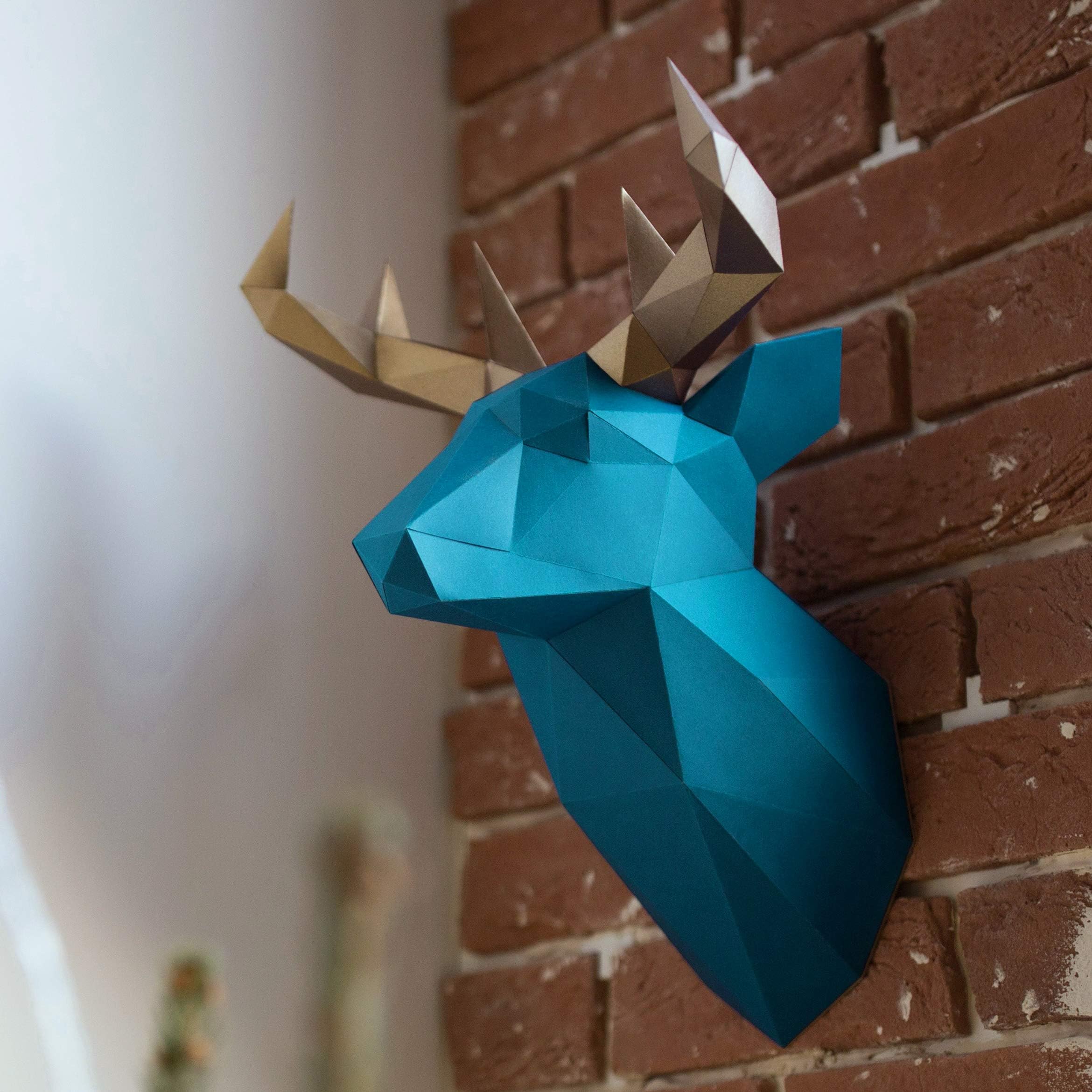 Live Origami Cardboard Animal Taxidermy Deer Trophy Head Pre-Cut DIY Kit - Modern Faux Fake Animal Heads Decor Wall Hangings