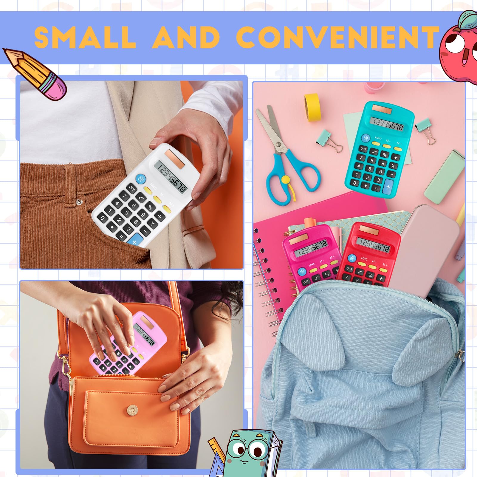 Confezione da 24 mini calcolatrici tascabili per studenti ad angolo portatile, display a 8 cifre, batteria solare, doppia alimentazione, piccola calcolatrice per studenti, bambini, casa, ufficio (12