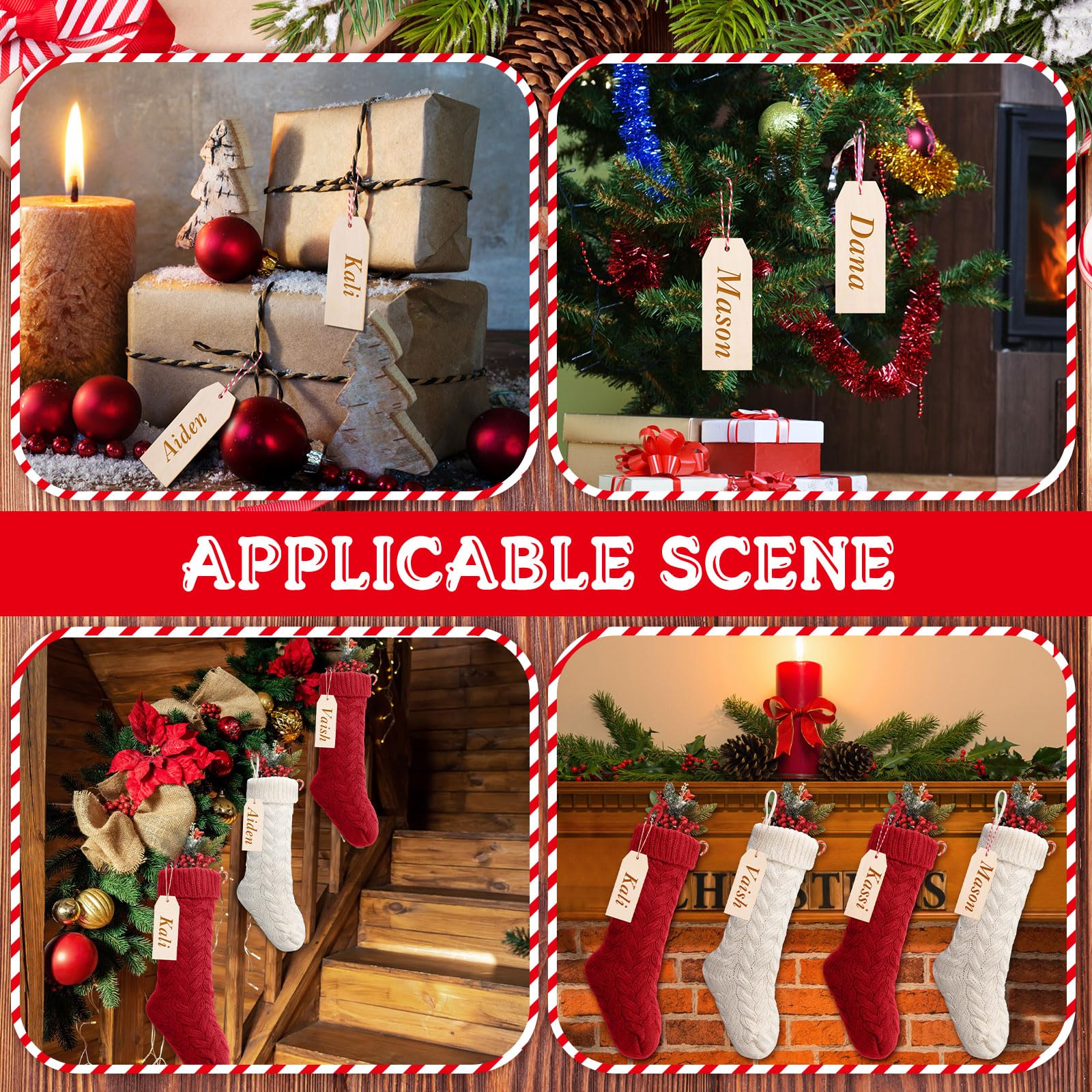 Lot de 6 chaussettes de Noël tricotées de 45,7 cm avec étiquettes de nom pour décoration de Noël en famille (bordeaux, blanc ivoire)