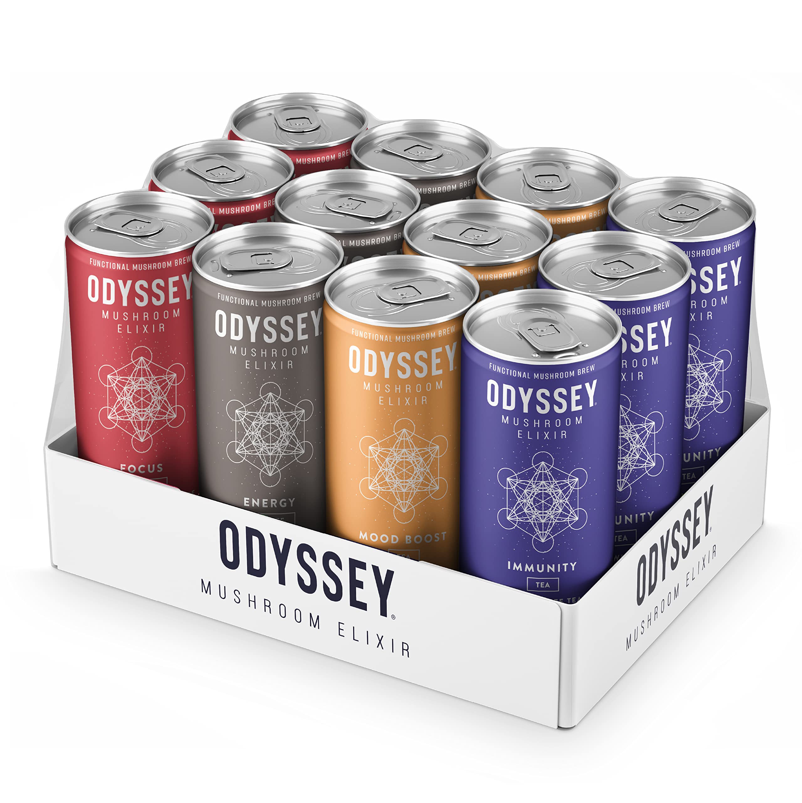 ELIXIR 4 Flavors Variety Pack Mushroom Coffee & Tea Brew with Mushroom Complex Extracts | For Energy, Focus, Immune Support, & Mood Boost, 7.4 oz Cans (12 Pack)