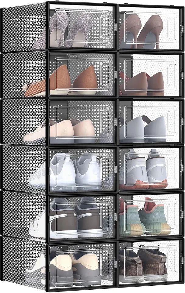 SONGMICS Caixas para Sapatos, Kit com 12 Organizadores Empilháveis, Dobráveis e Versáteis para Tênis, Compatível até Tamanho 44, Transparente e Preto Tinta BRLSP006B12