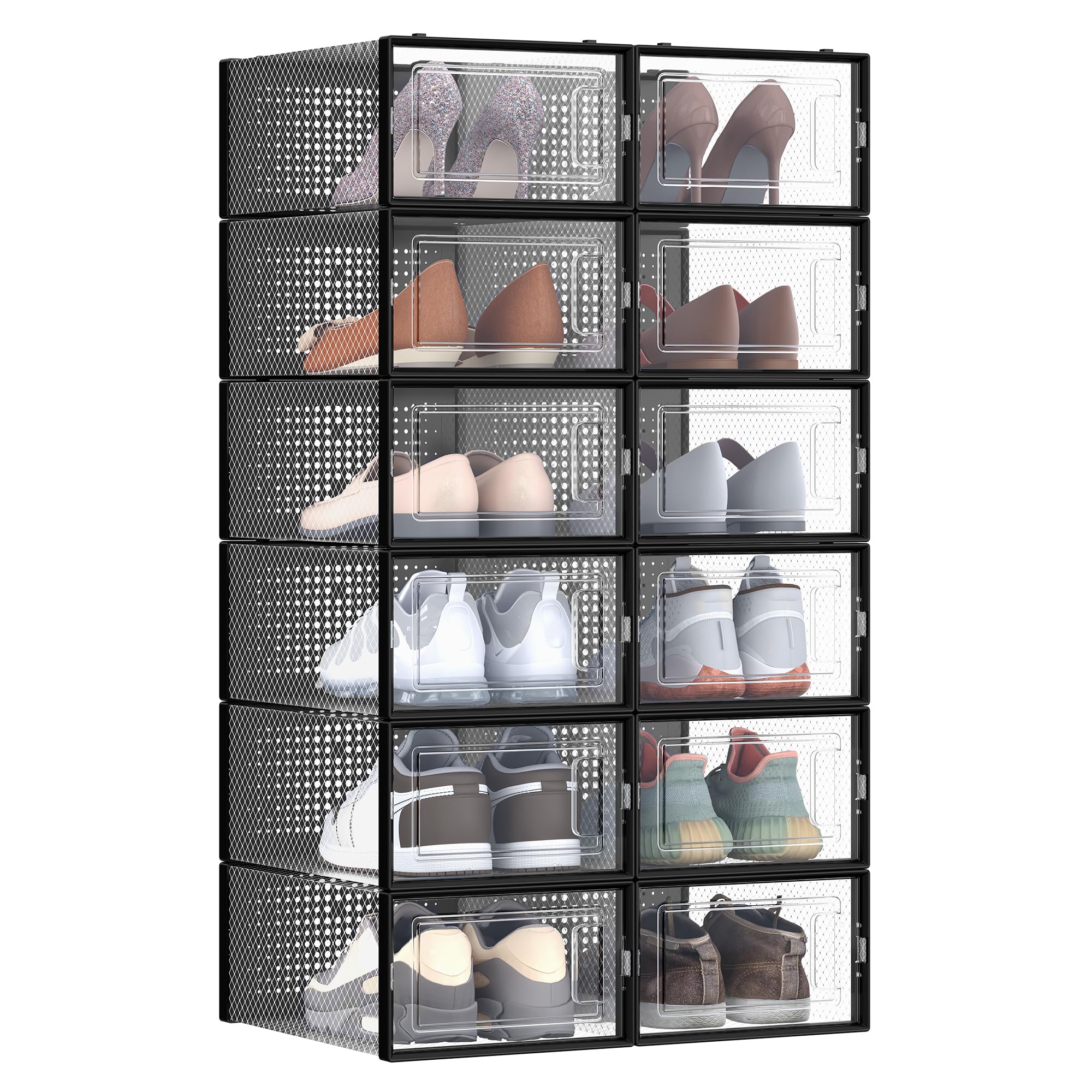 SONGMICS Shoe Boxes, Pack of 12 Stackable Shoe Storage Organisers, Foldable and Versatile for Sneakers, Fit up to UK Size 9.5, Transparent and Ink Black LSP006B12V1 โ image 1